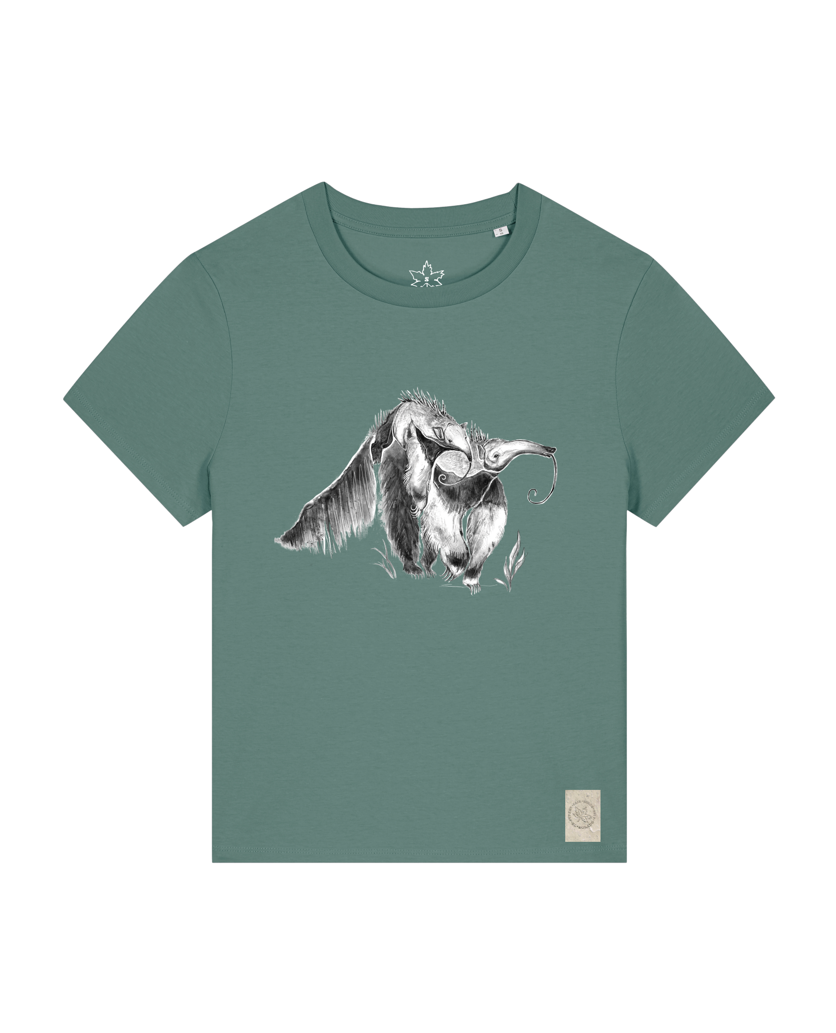 bio-female-medium fit-tshirt-ameisenbär-sttw172-blautanne-front