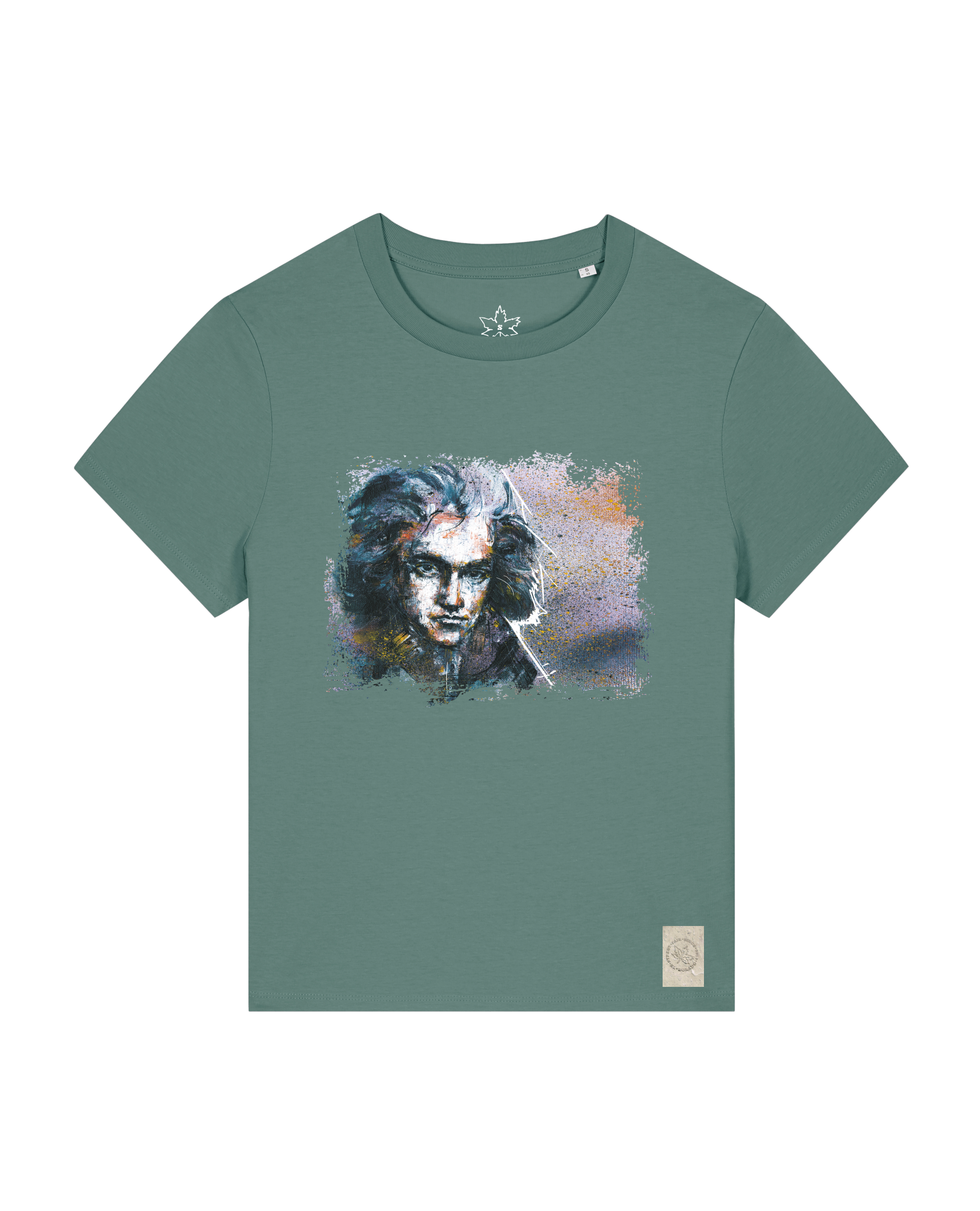bio-female-medium fit-tshirt-beethoven-sttw172-blautanne-front