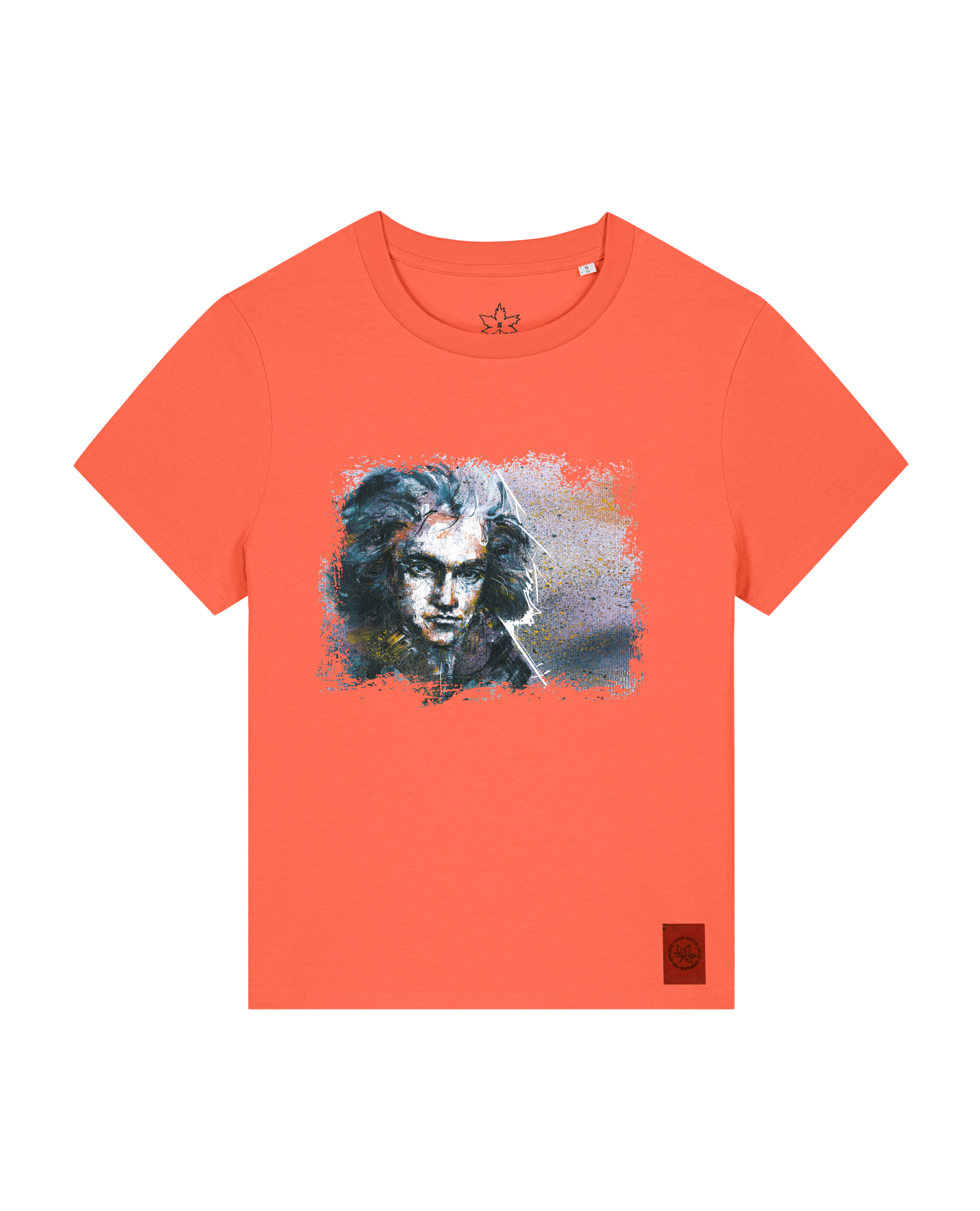 bio-female-medium fit-tshirt-beethoven-sttw172-mandarine-front