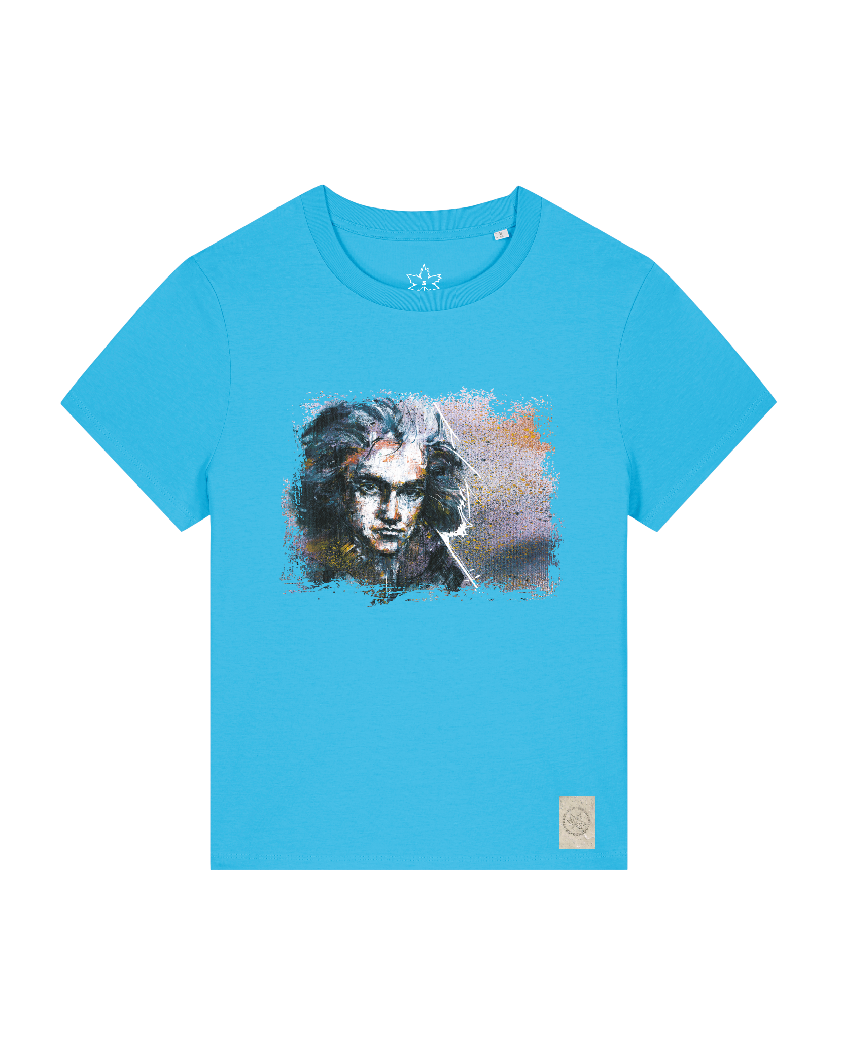 bio-female-medium fit-tshirt-beethoven-sttw172-wasserblau-front