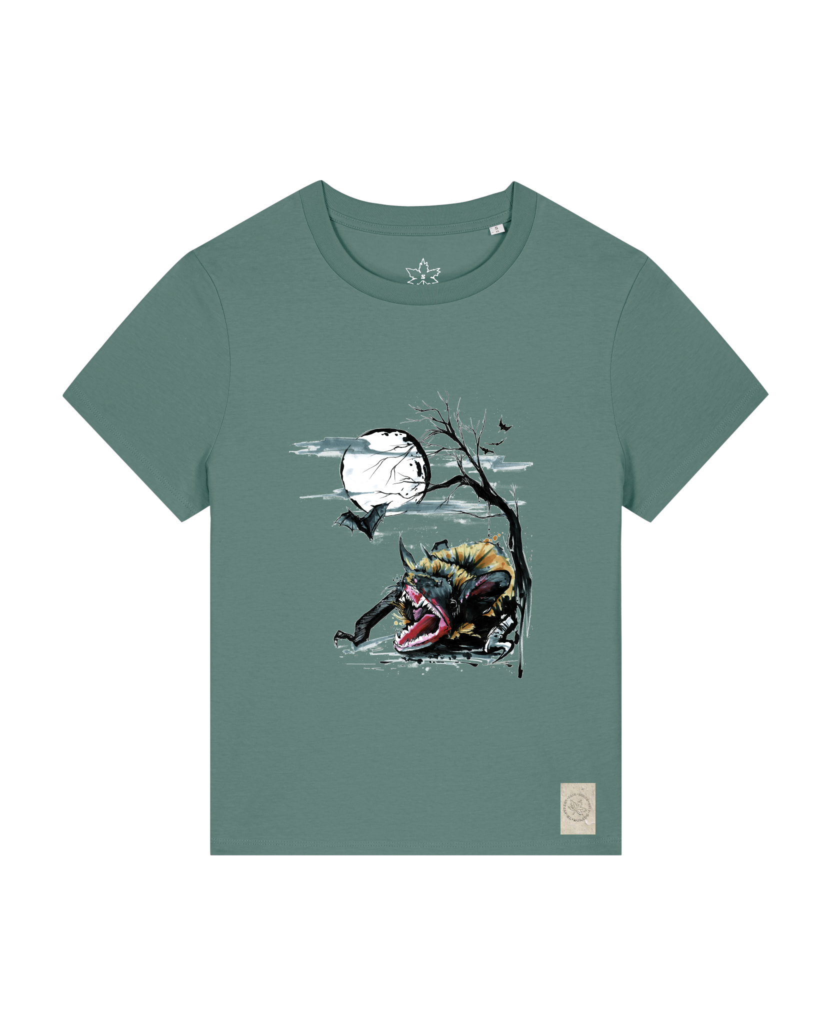 bio-female-medium fit-tshirt-blinded by the light-sttw172-blautanne-front