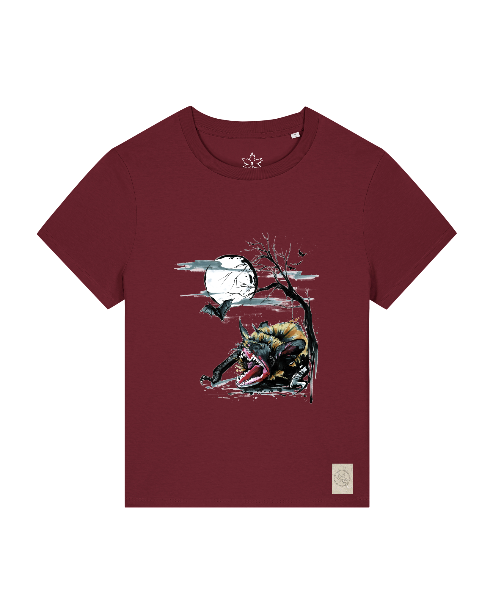 bio-female-medium fit-tshirt-blinded by the light-sttw172-burgunder rot-front