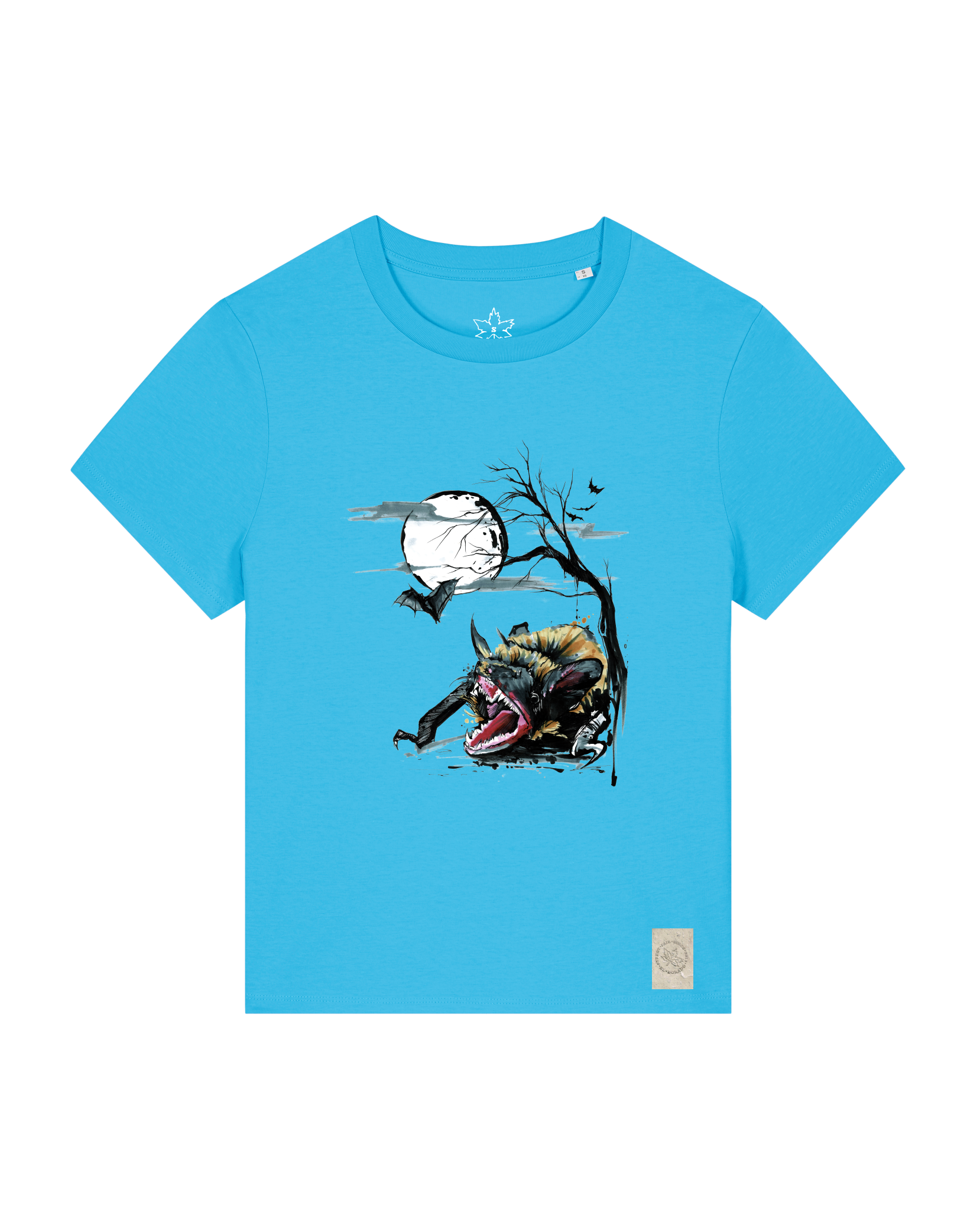 bio-female-medium fit-tshirt-blinded by the light-sttw172-wasserblau-front