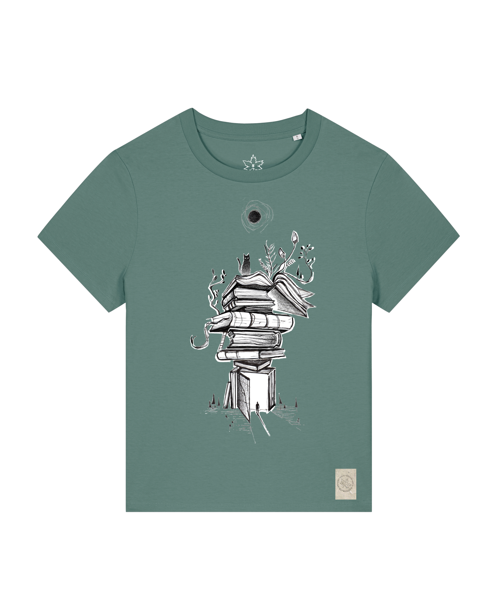 bio-female-medium fit-tshirt-bücherkatze-sttw172-blautanne-front