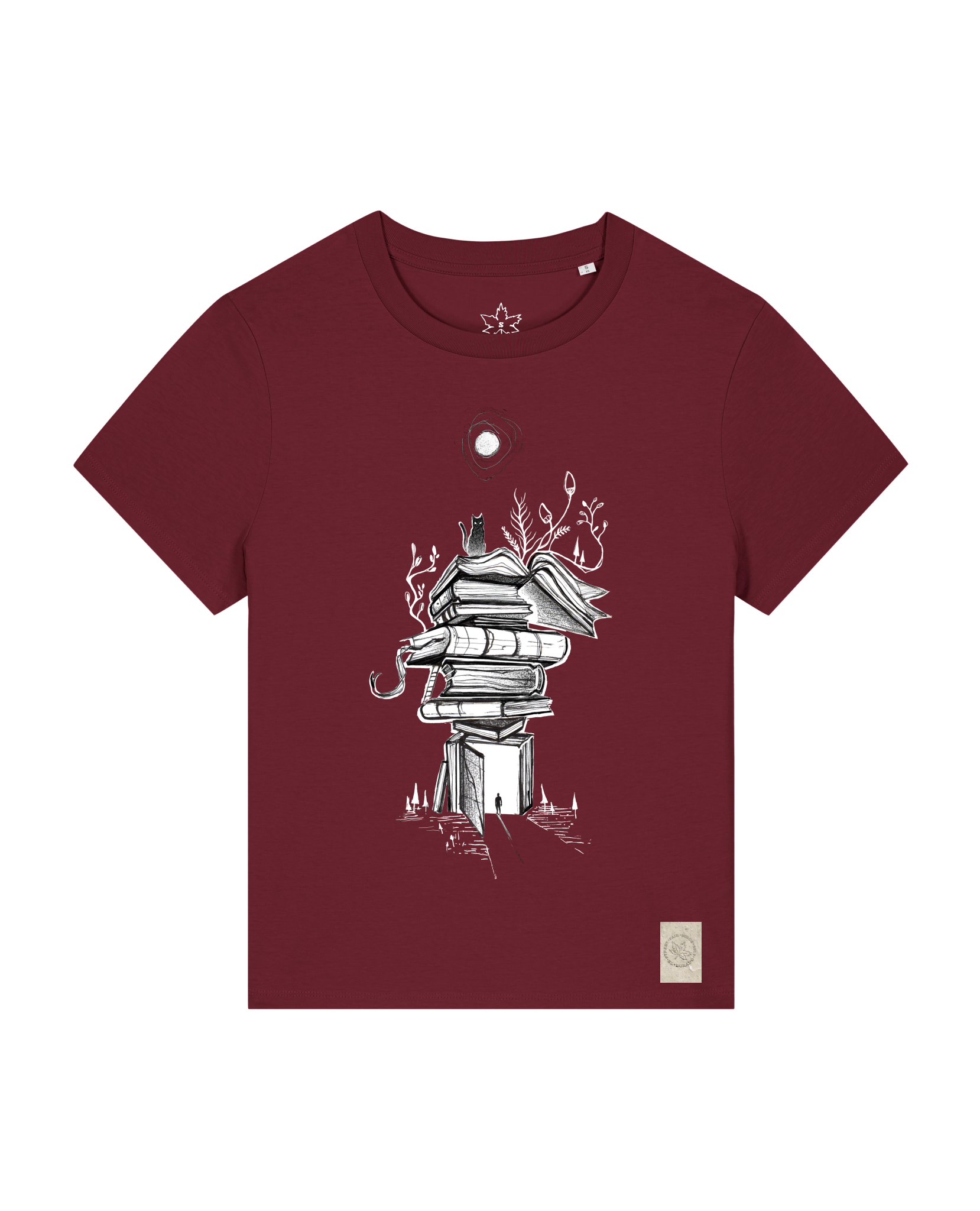 bio-female-medium fit-tshirt-bücherkatze-sttw172-burgunder rot-front