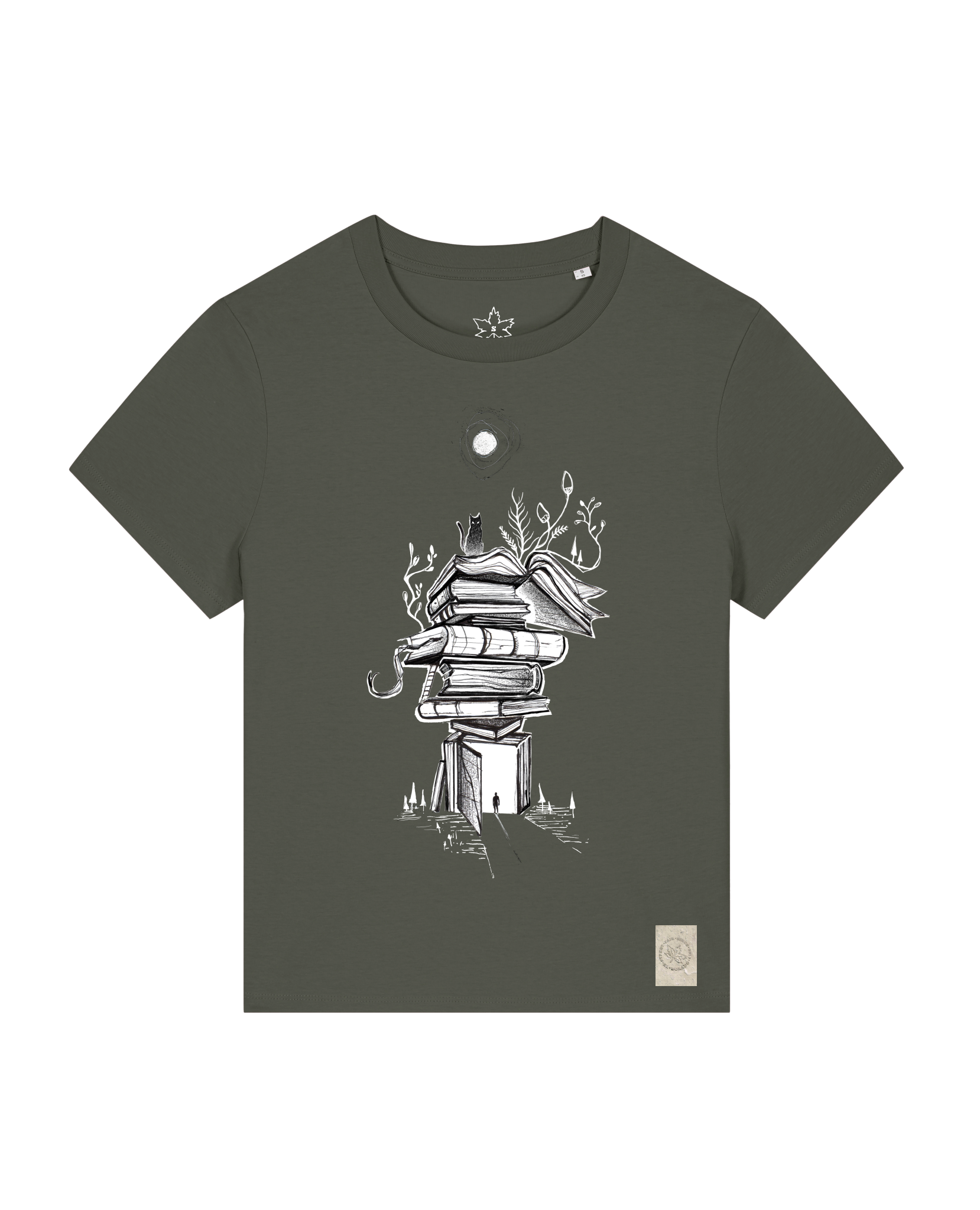 bio-female-medium fit-tshirt-bücherkatze-sttw172-grunkohl-front