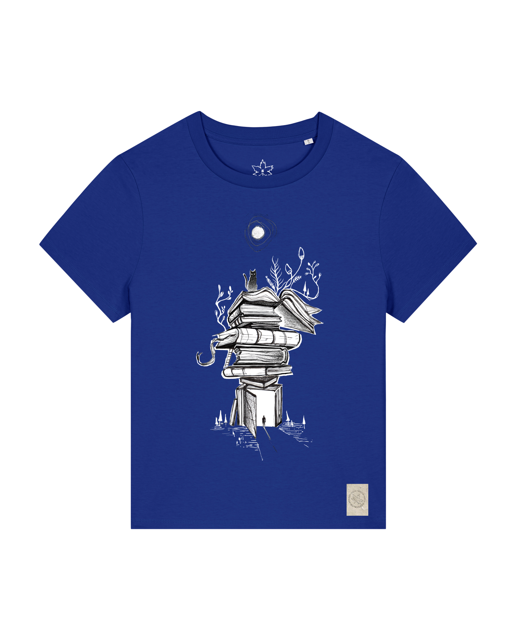 bio-female-medium fit-tshirt-bücherkatze-sttw172-kornblume-front