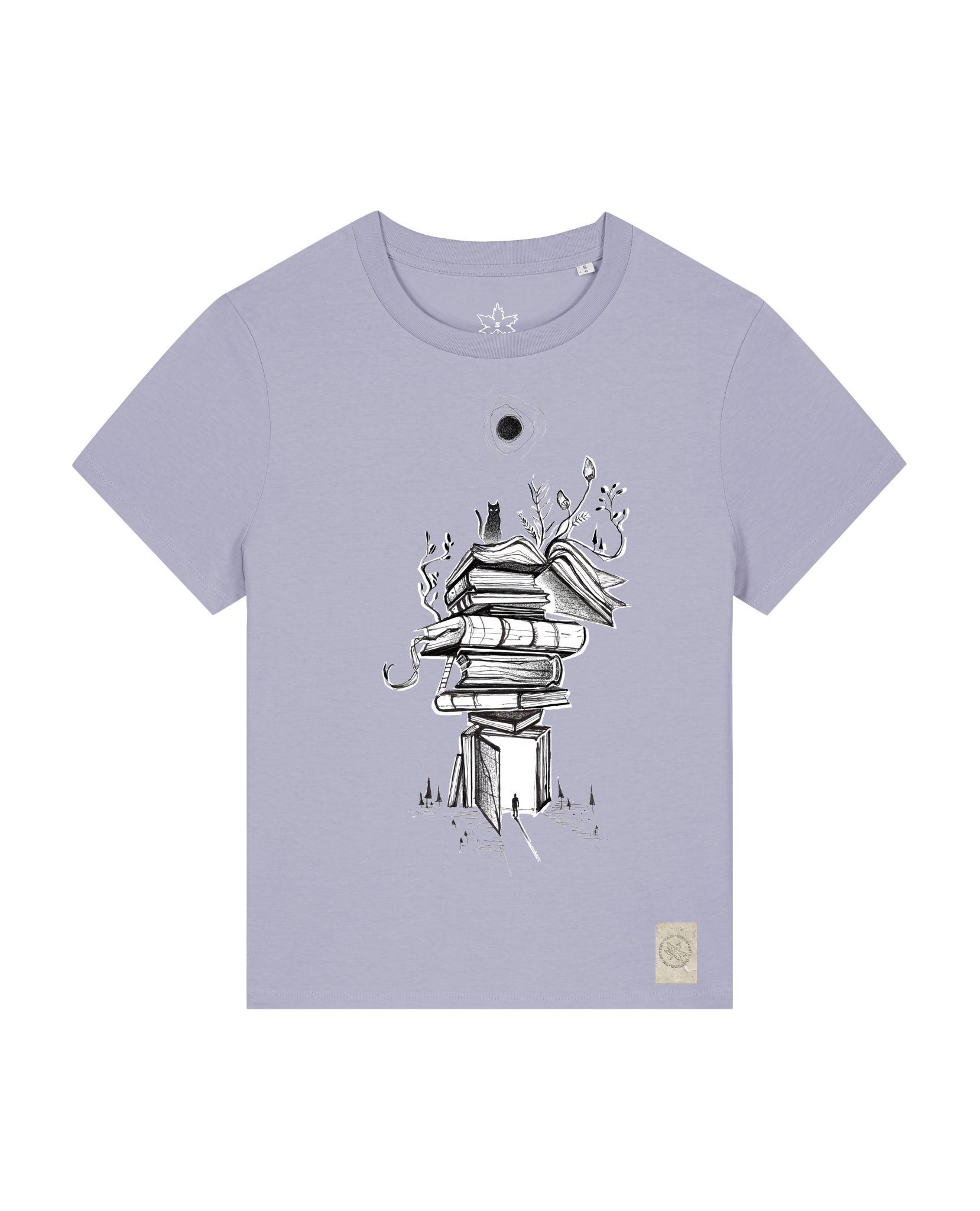 bio-female-medium fit-tshirt-bücherkatze-sttw172-lavender-front