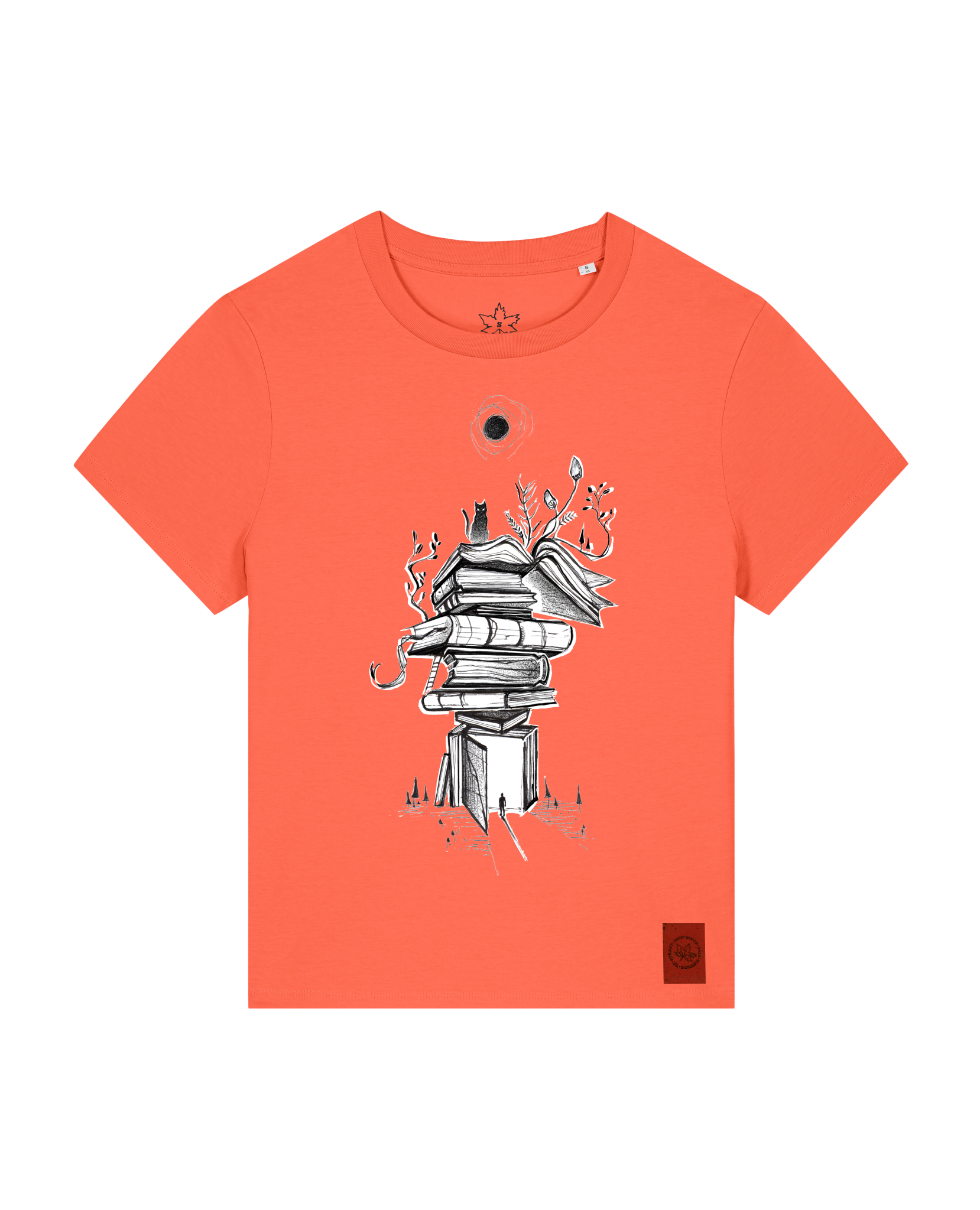 bio-female-medium fit-tshirt-bücherkatze-sttw172-mandarine-front