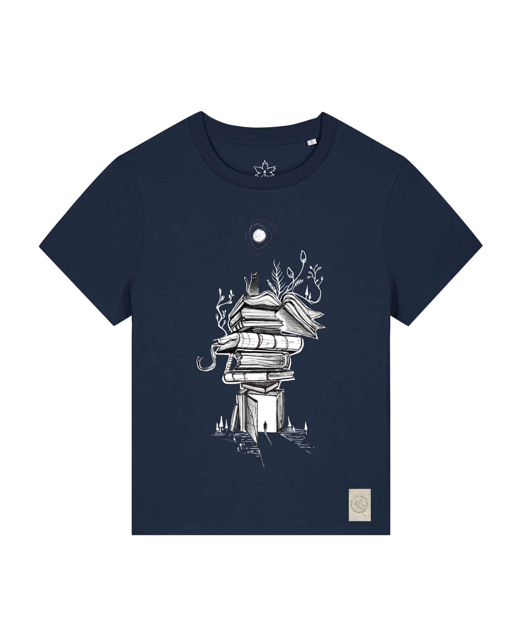 bio-female-medium fit-tshirt-bücherkatze-sttw172-marine-front