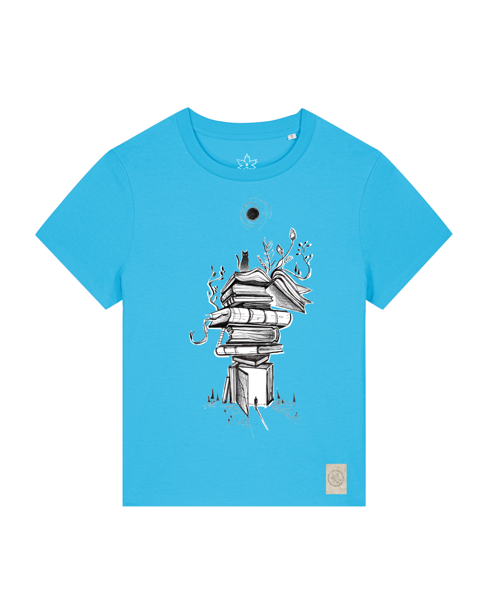 bio-female-medium fit-tshirt-bücherkatze-sttw172-wasserblau-front