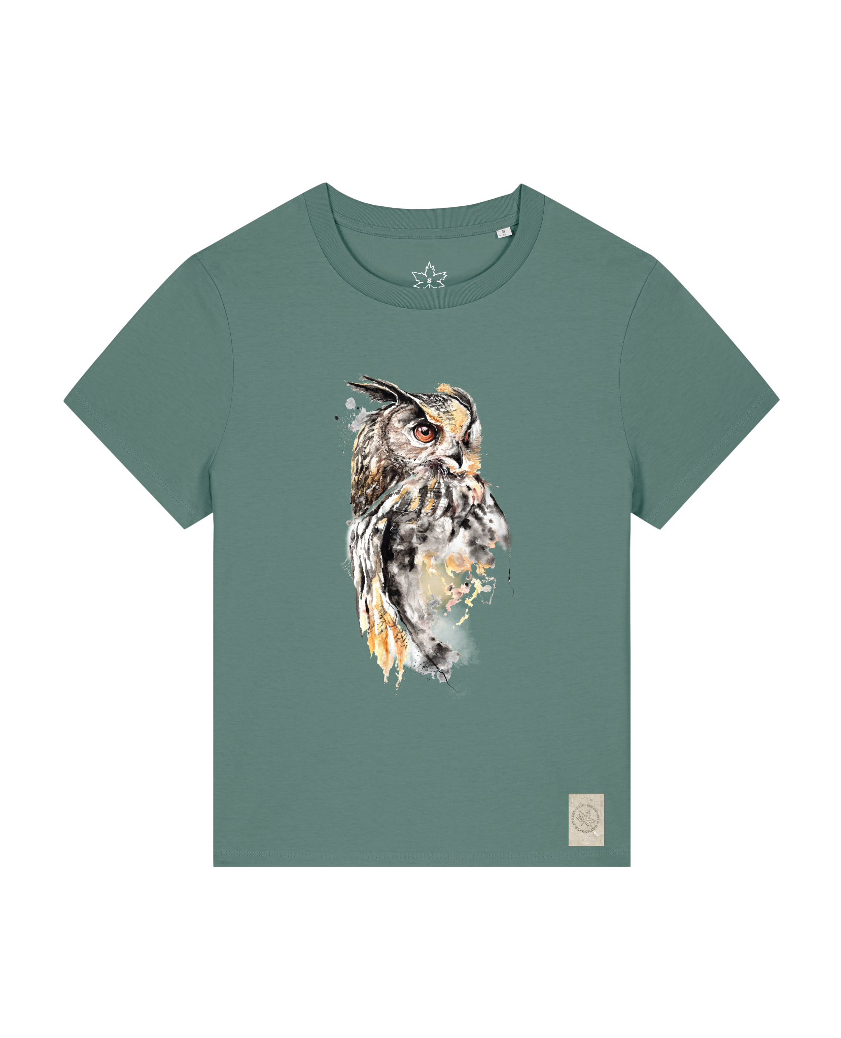 bio-female-medium fit-tshirt-eule-sttw172-blautanne-front