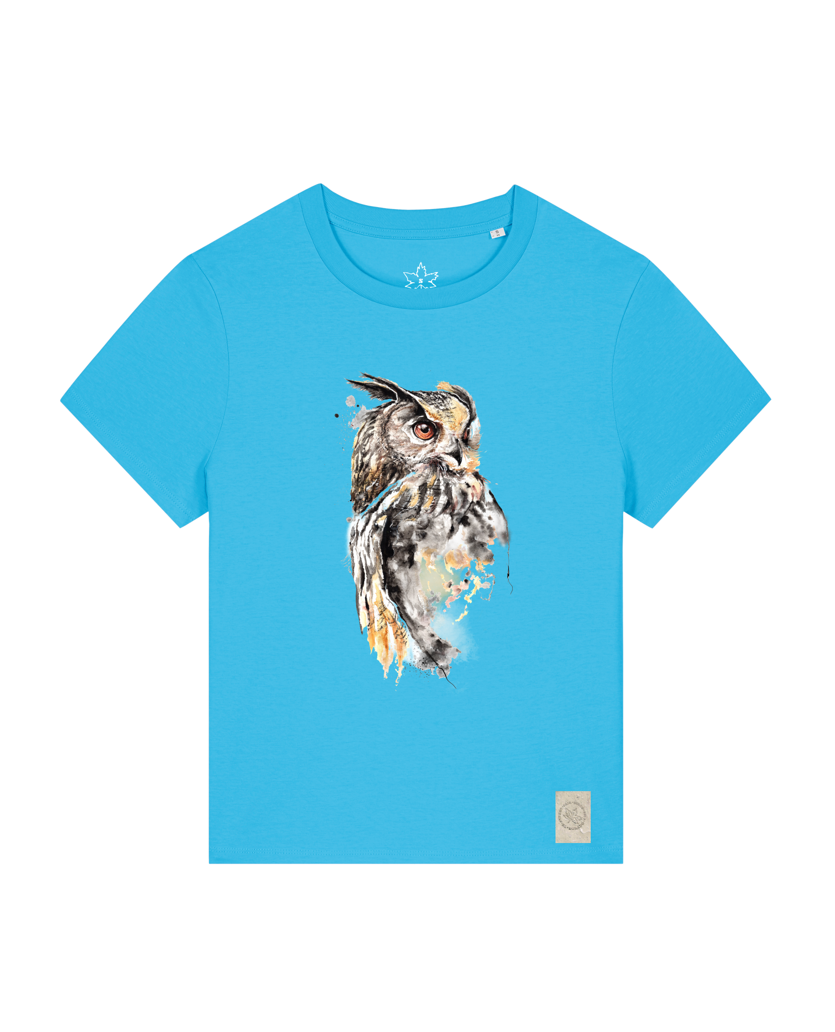 bio-female-medium fit-tshirt-eule-sttw172-wasserblau-front