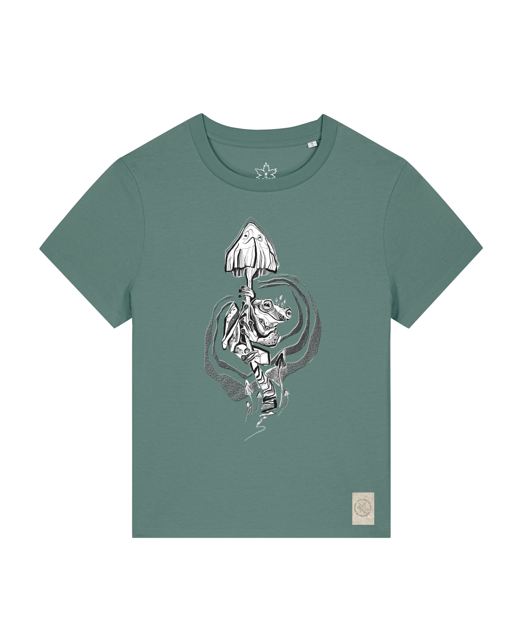 bio-female-medium fit-tshirt-frosch auf pilz-sttw172-blautanne-front