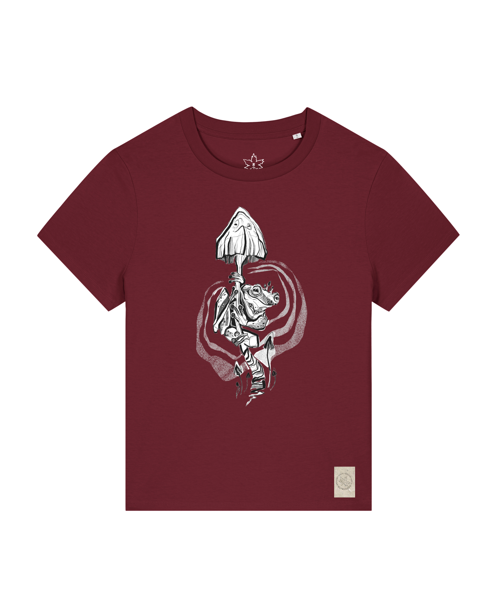 bio-female-medium fit-tshirt-frosch auf pilz-sttw172-burgunder rot-front