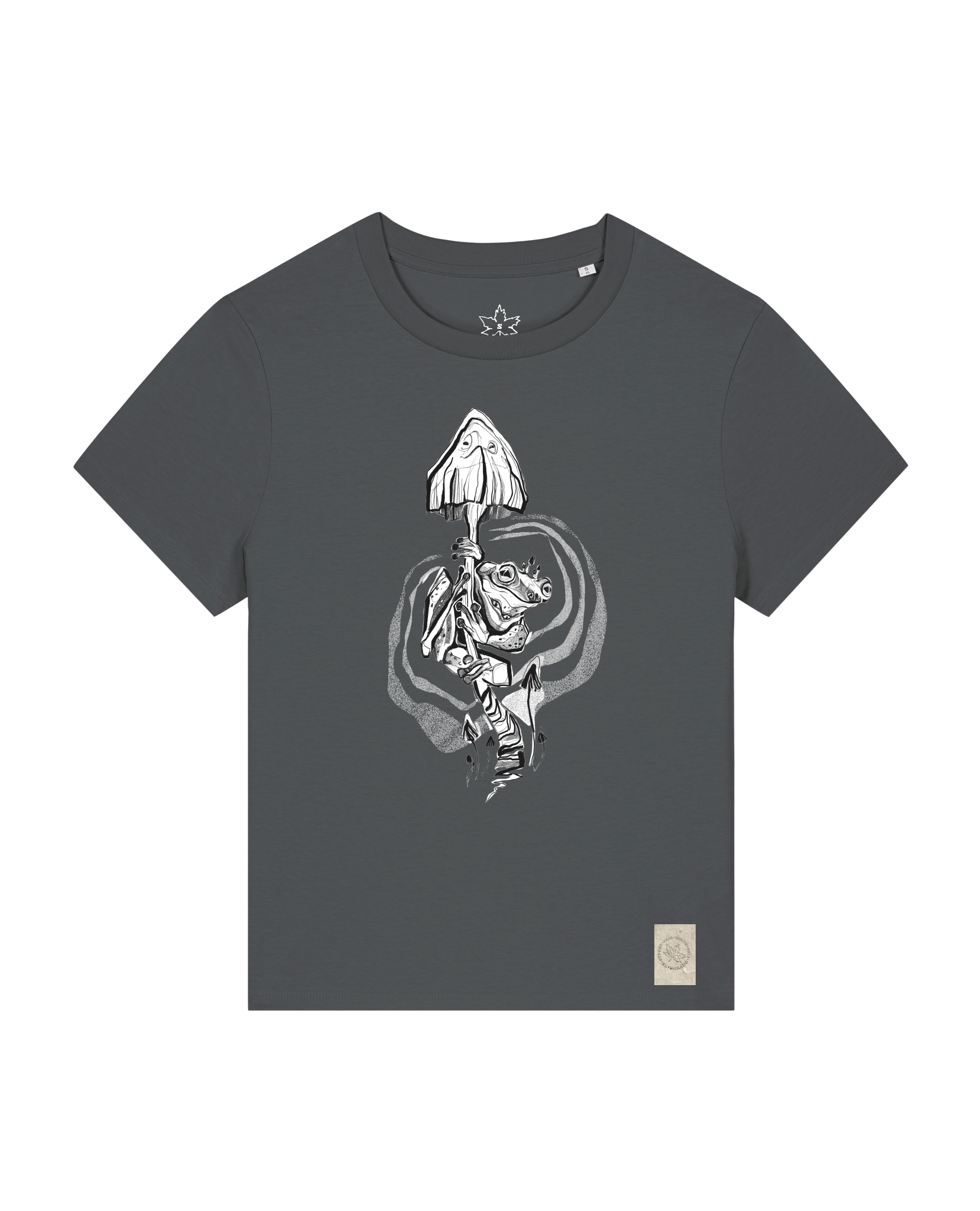 bio-female-medium fit-tshirt-frosch auf pilz-sttw172-eisen-front