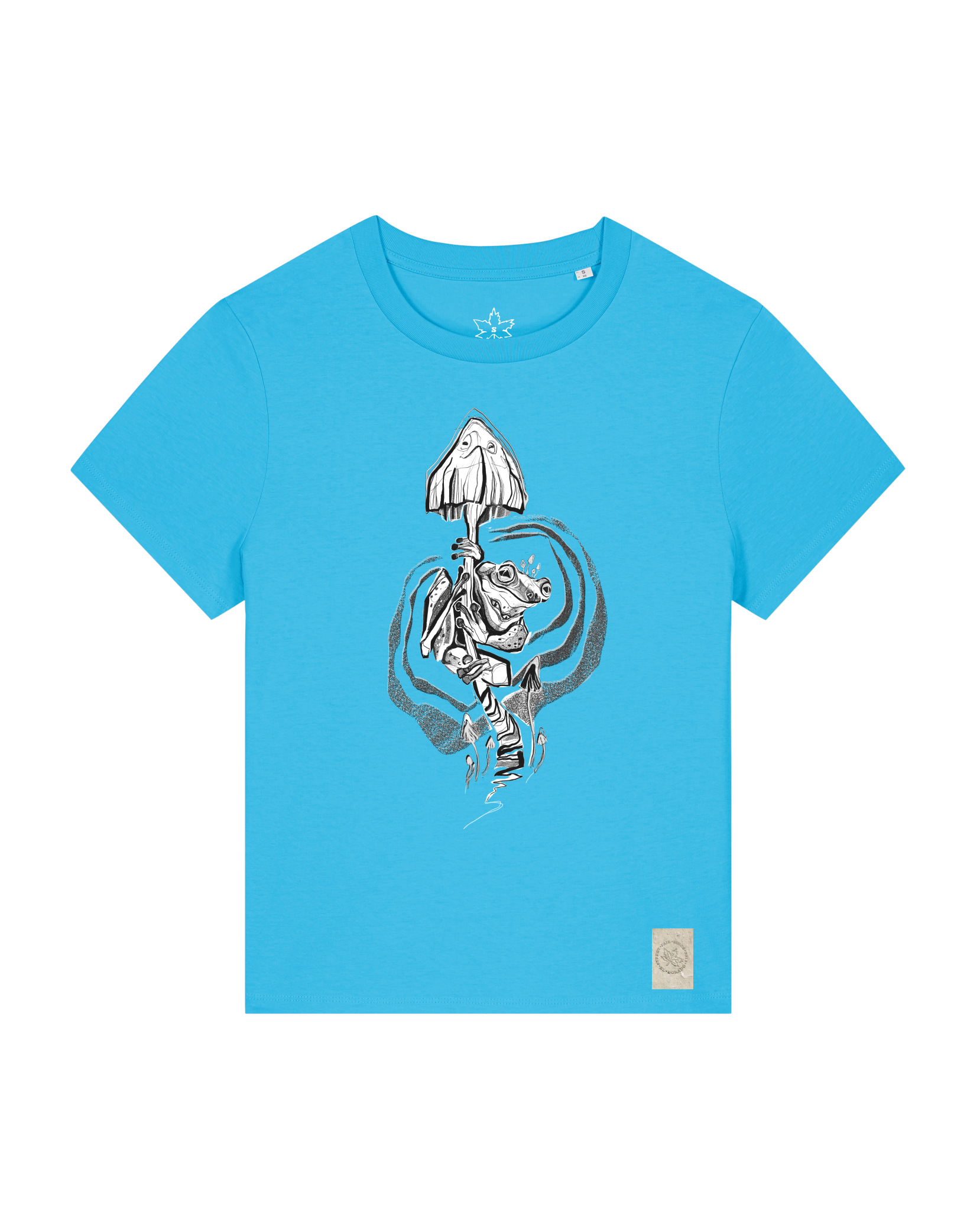 bio-female-medium fit-tshirt-frosch auf pilz-sttw172-wasserblau-front