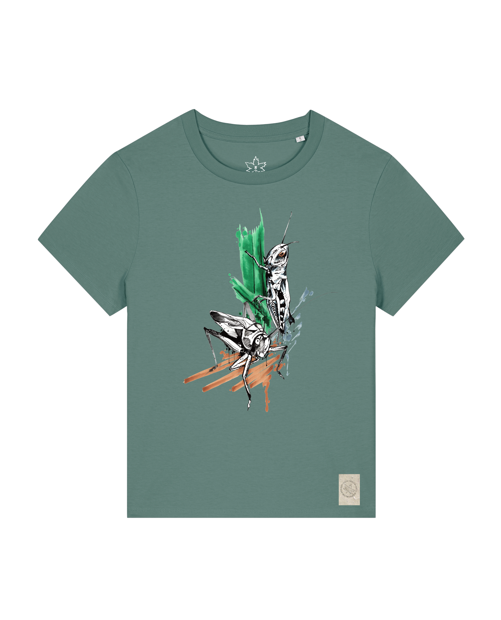 bio-female-medium fit-tshirt-grassland population-sttw172-blautanne-front