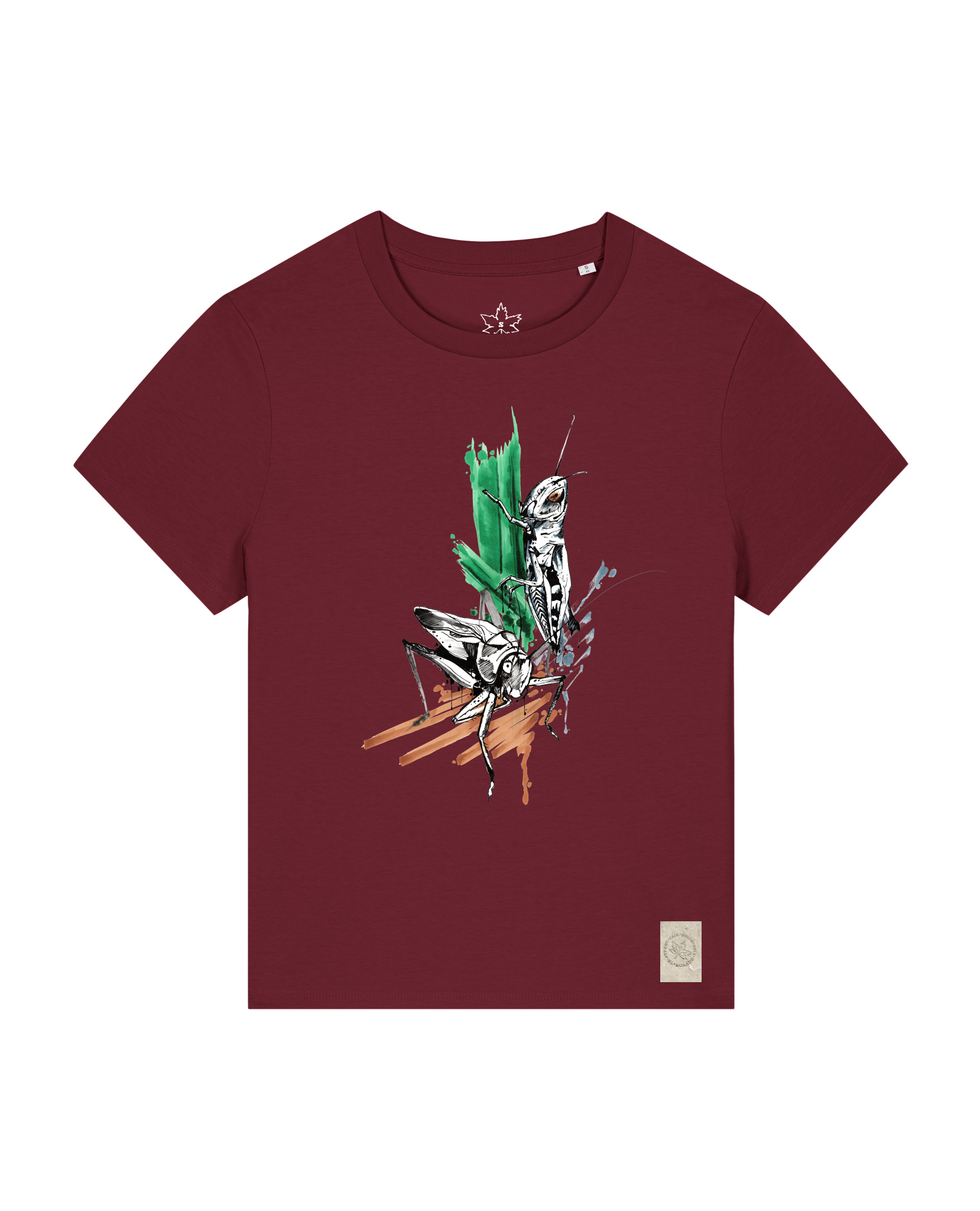 bio-female-medium fit-tshirt-grassland population-sttw172-burgunder rot-front