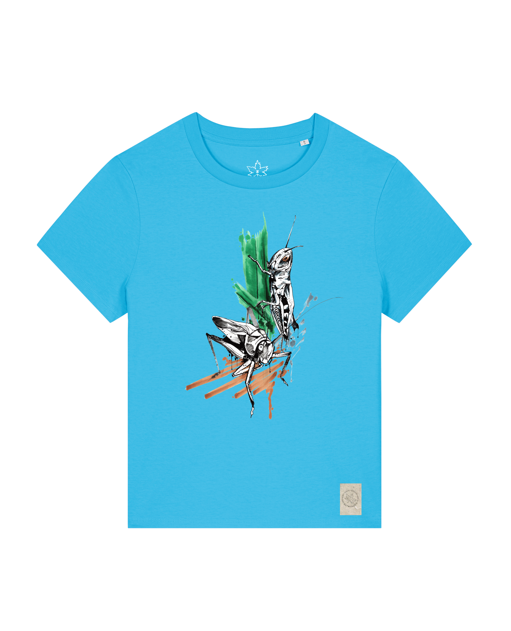 bio-female-medium fit-tshirt-grassland population-sttw172-wasserblau-front