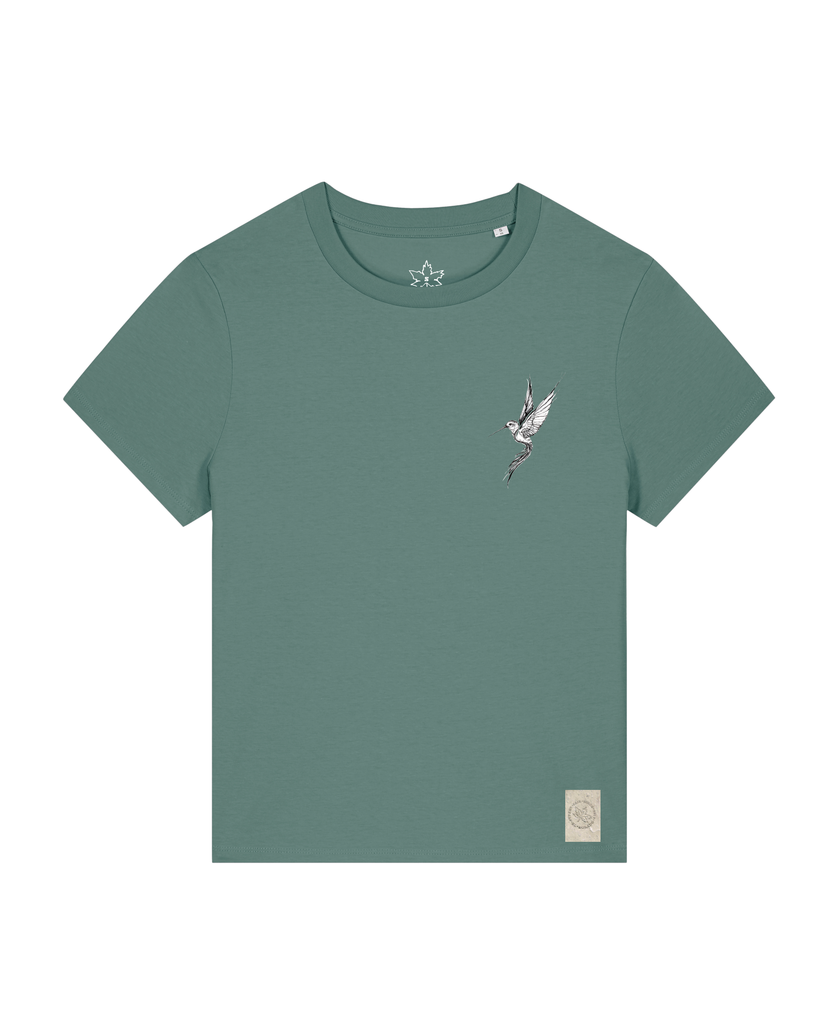 bio-female-medium fit-tshirt-kolibri (backprint)-sttw172-blautanne-front