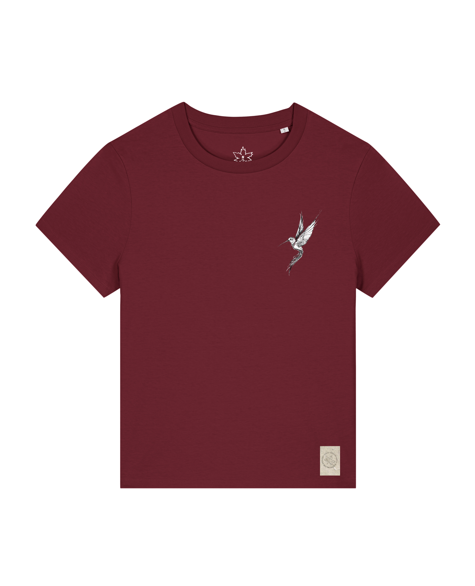 bio-female-medium fit-tshirt-kolibri (backprint)-sttw172-burgunder rot-front