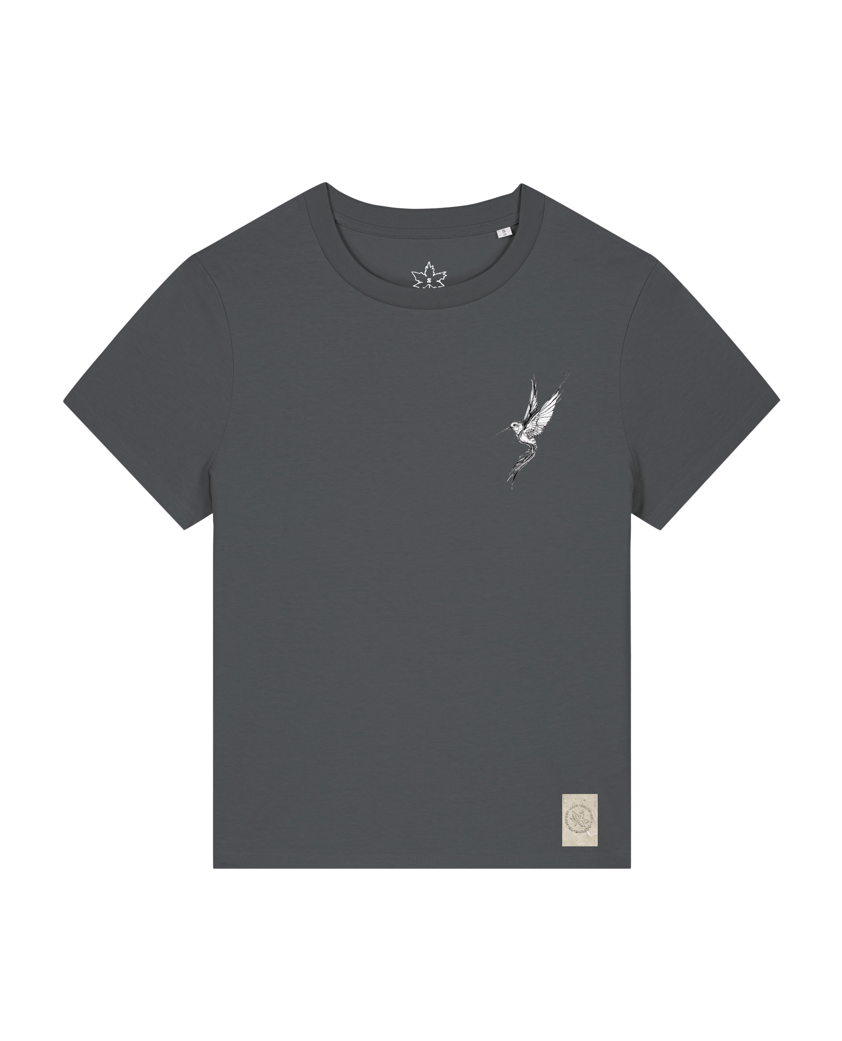 bio-female-medium fit-tshirt-kolibri (backprint)-sttw172-eisen-front