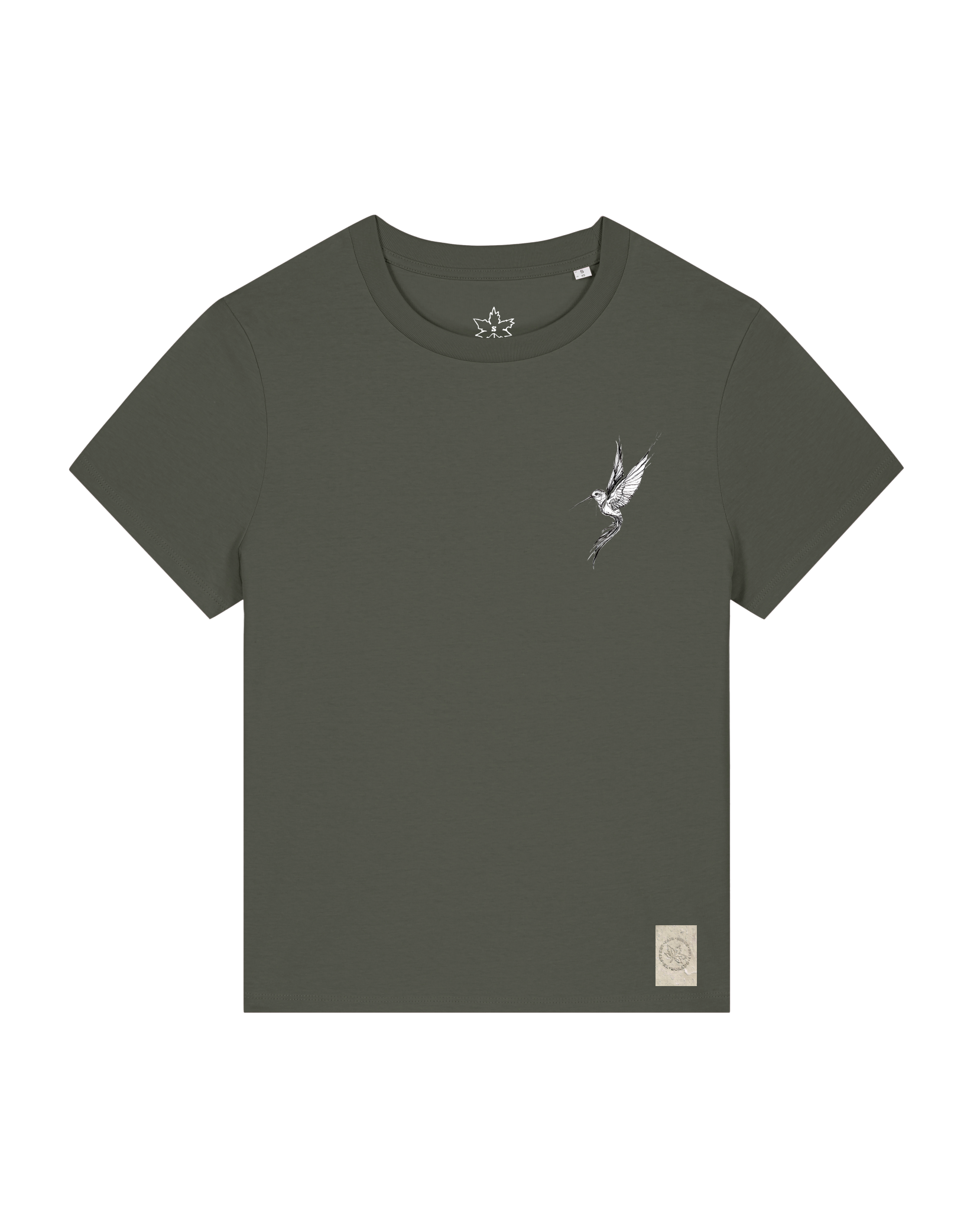 bio-female-medium fit-tshirt-kolibri (backprint)-sttw172-grunkohl-front
