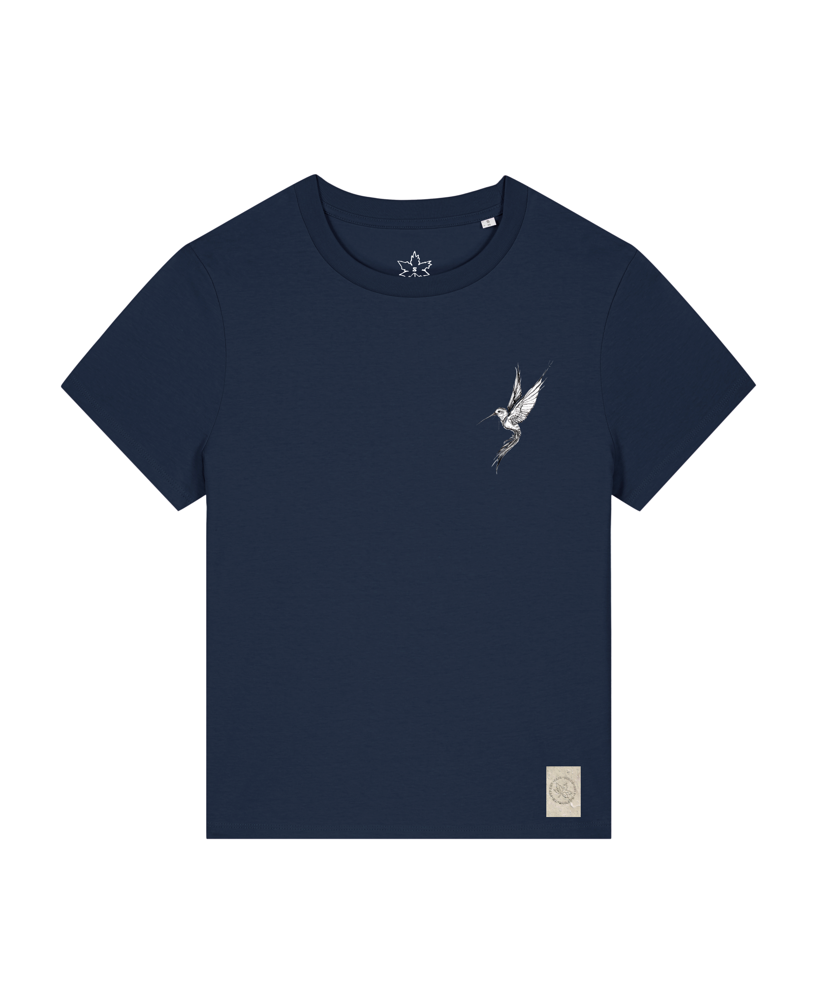 bio-female-medium fit-tshirt-kolibri (backprint)-sttw172-marine-front