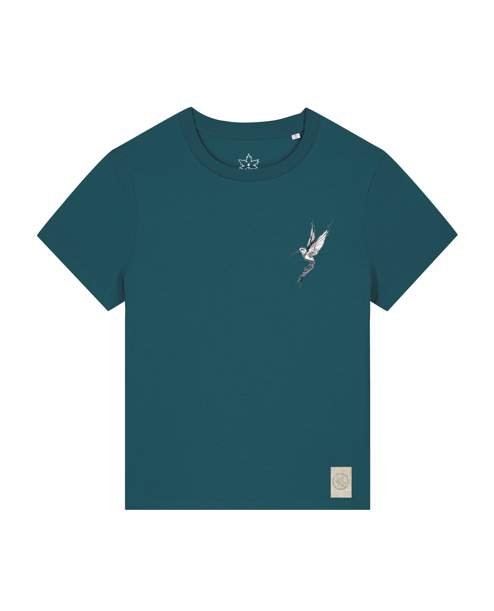 bio-female-medium fit-tshirt-kolibri (backprint)-sttw172-nordmanntanne-front