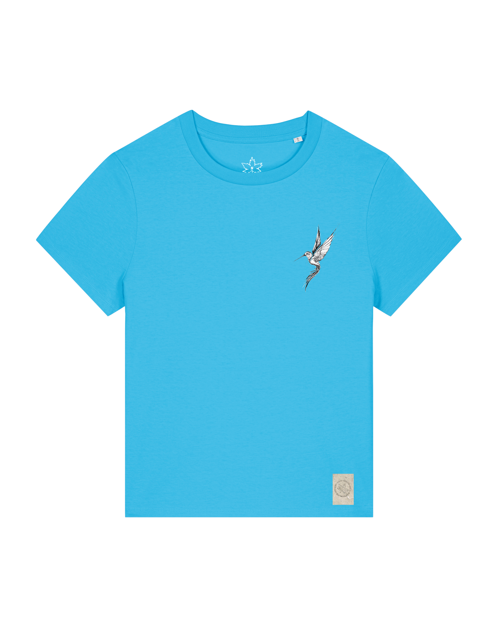 bio-female-medium fit-tshirt-kolibri (backprint)-sttw172-wasserblau-front