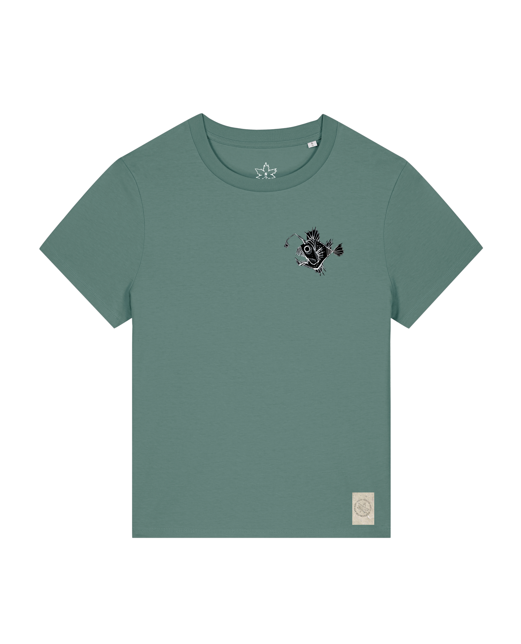 bio-female-medium fit-tshirt-lampionfisch (backprint)-sttw172-blautanne-front