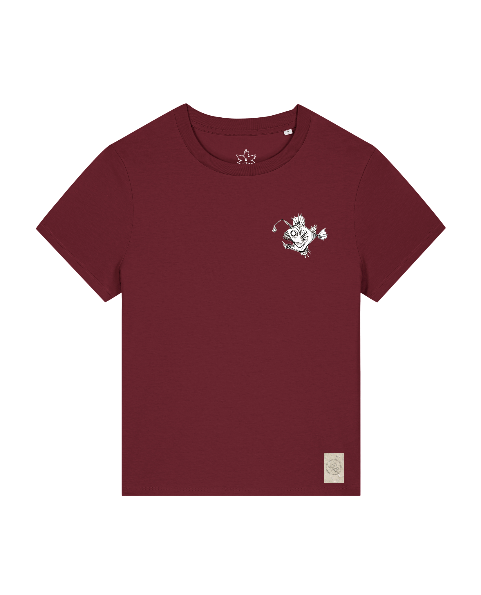 bio-female-medium fit-tshirt-lampionfisch (backprint)-sttw172-burgunder rot-front
