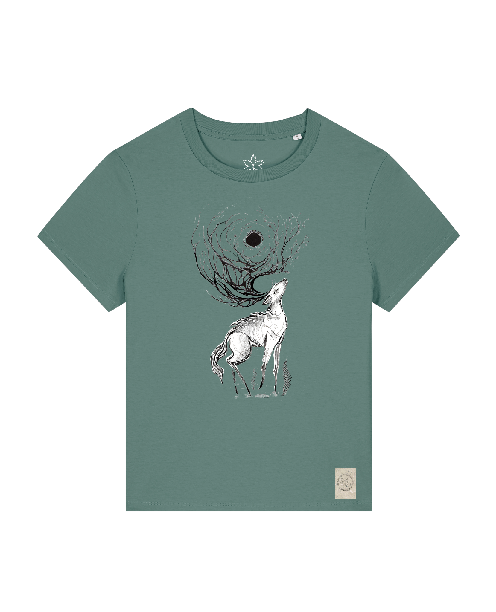bio-female-medium fit-tshirt-moon deer-sttw172-blautanne-front