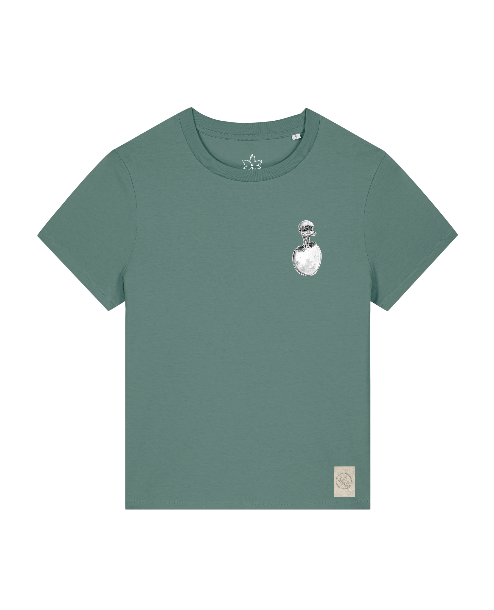 bio-female-medium fit-tshirt-ostrich evolution (backprint)-sttw172-blautanne-front