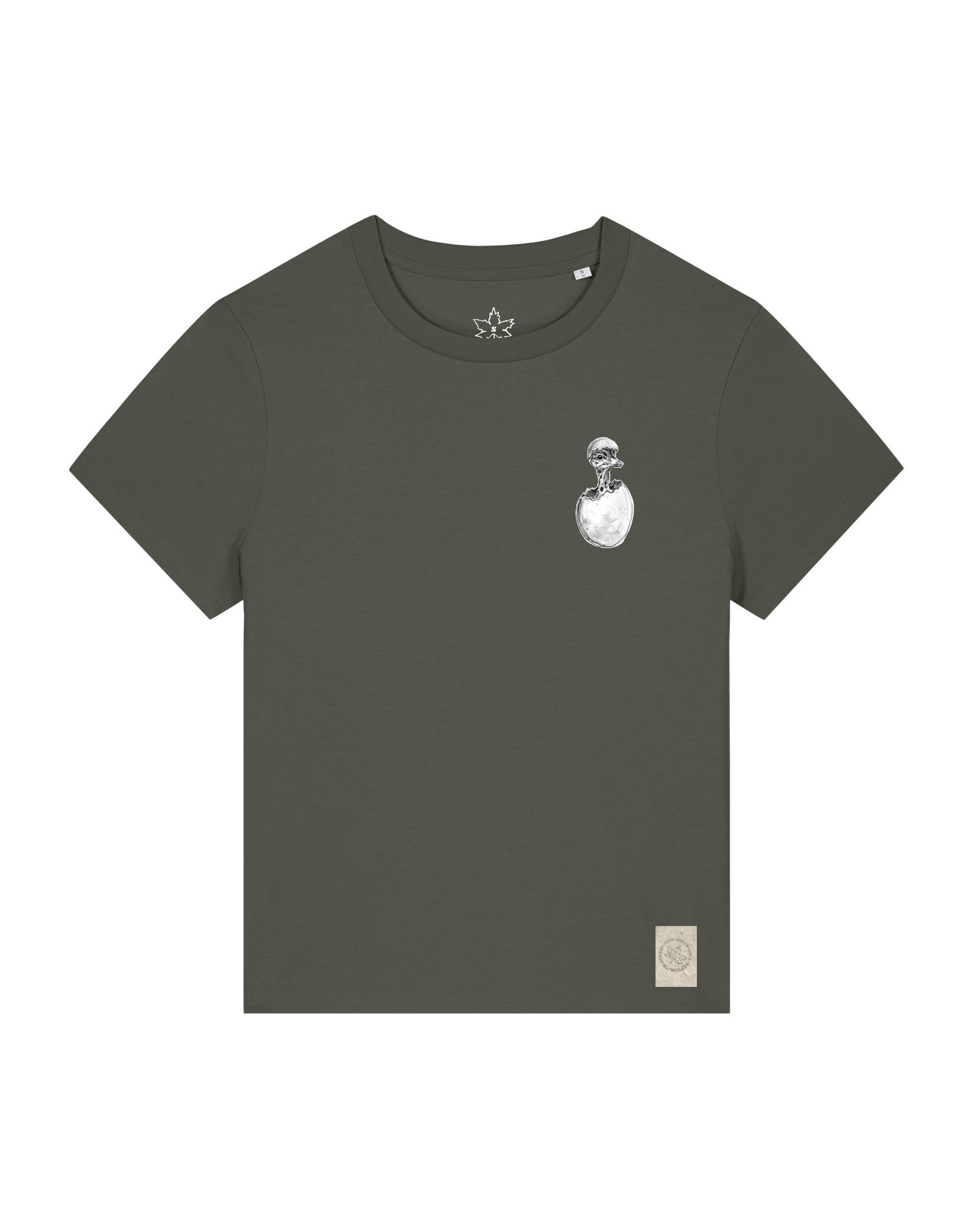 bio-female-medium fit-tshirt-ostrich evolution (backprint)-sttw172-grunkohl-front