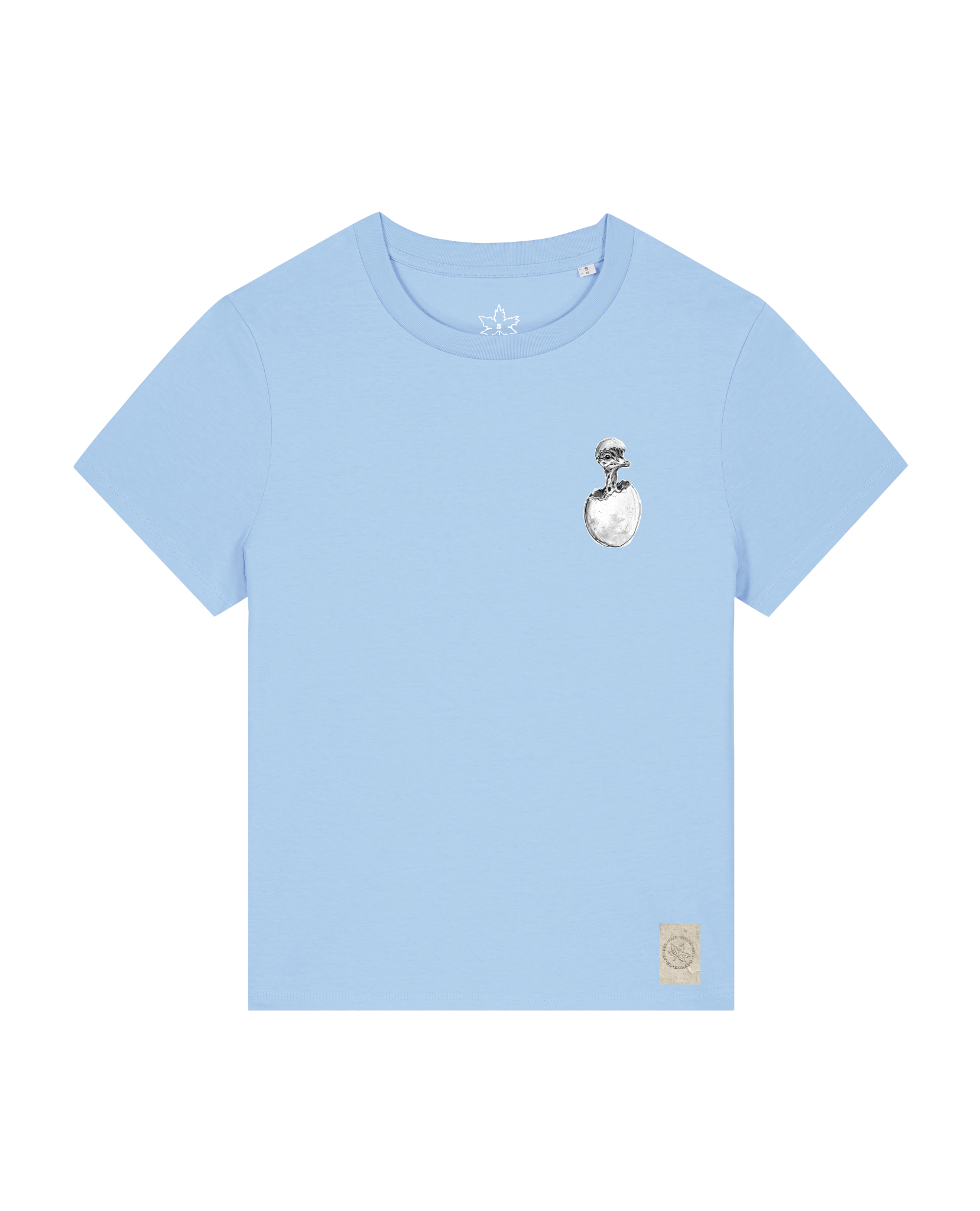 bio-female-medium fit-tshirt-ostrich evolution (backprint)-sttw172-lagune-front