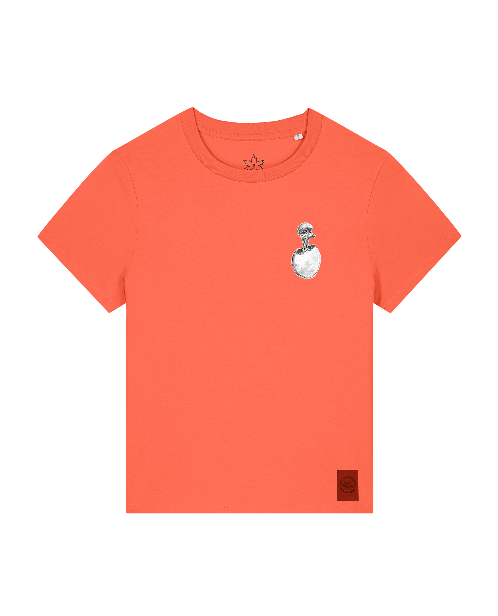 bio-female-medium fit-tshirt-ostrich evolution (backprint)-sttw172-mandarine-front