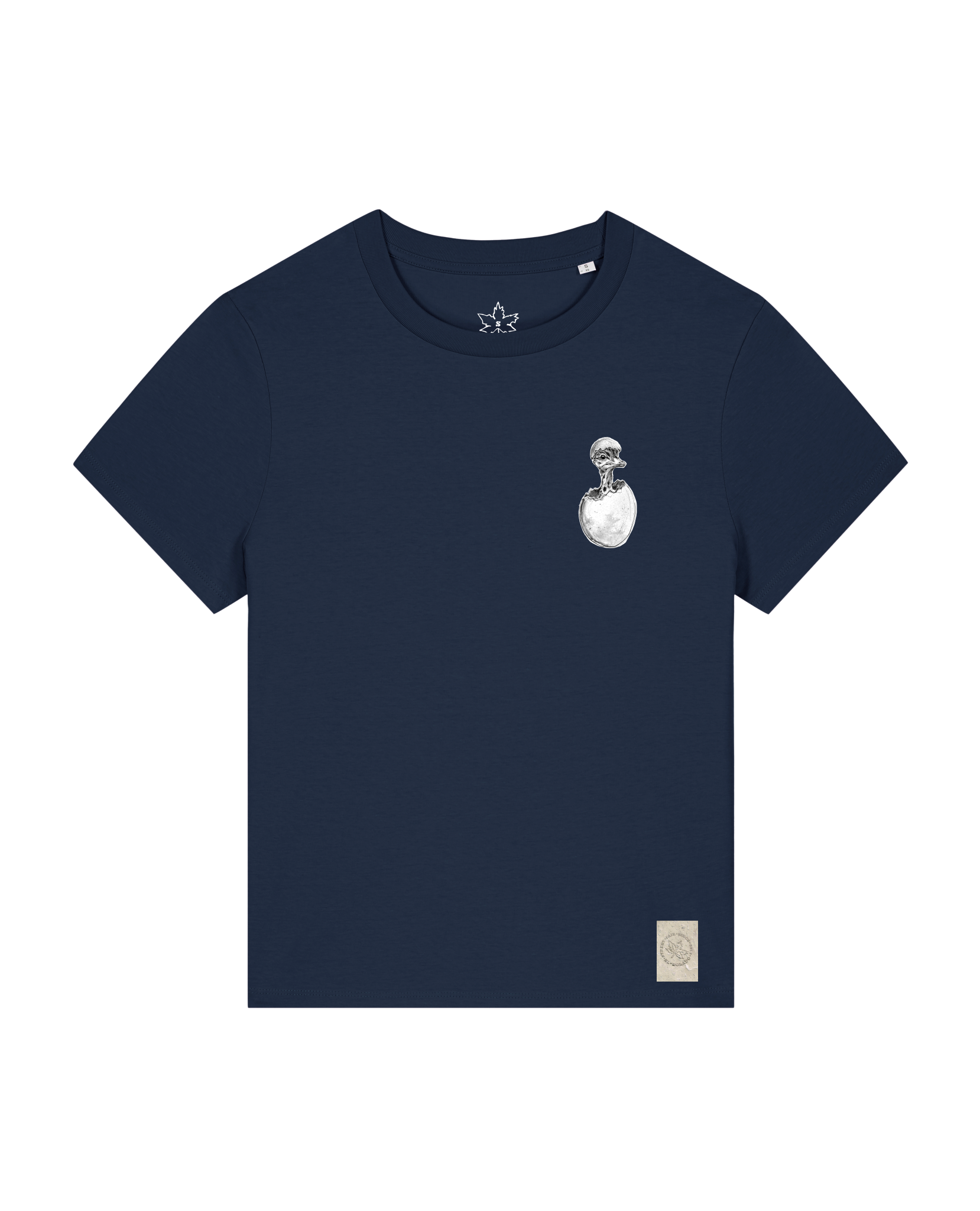 bio-female-medium fit-tshirt-ostrich evolution (backprint)-sttw172-marine-front