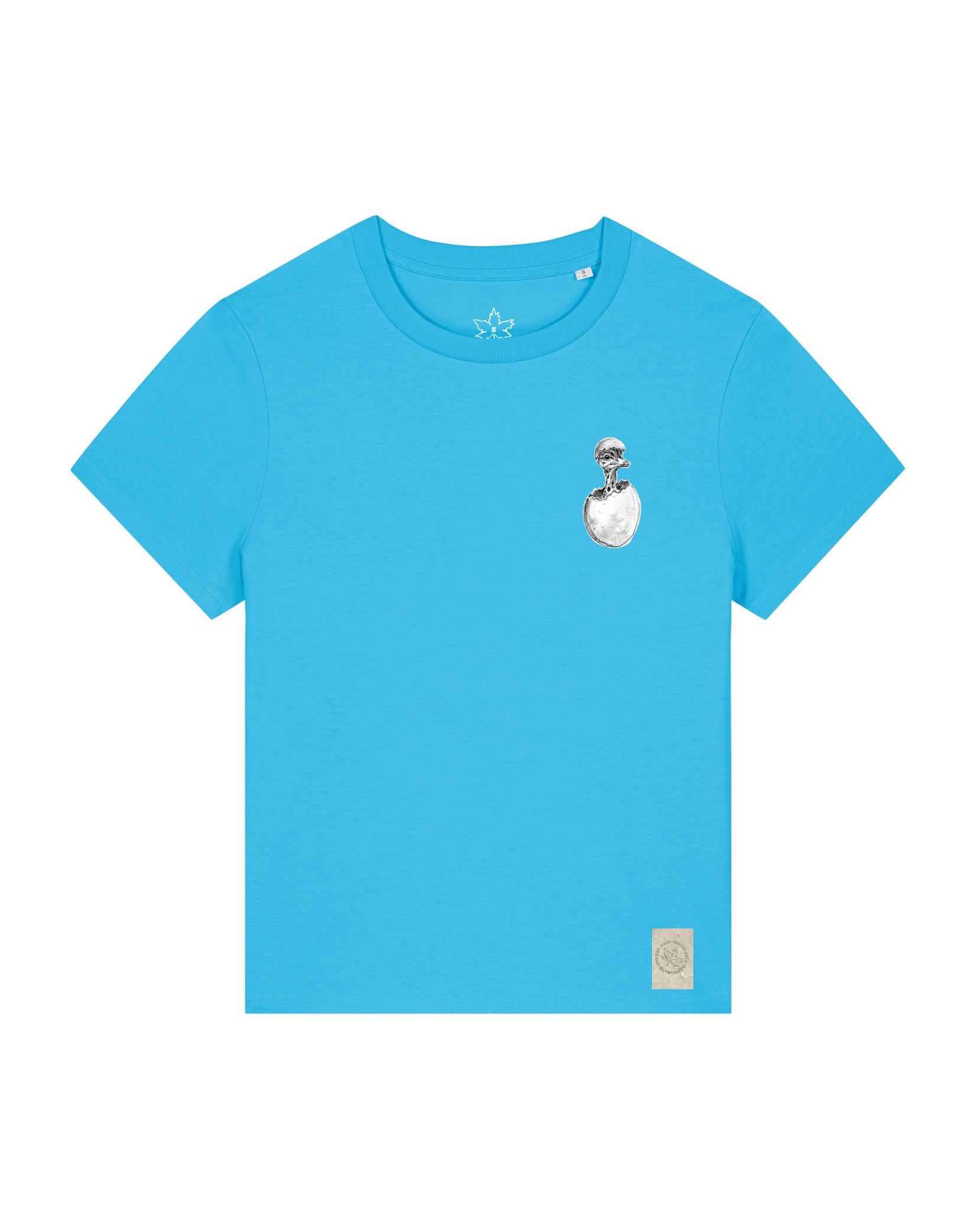 bio-female-medium fit-tshirt-ostrich evolution (backprint)-sttw172-wasserblau-front