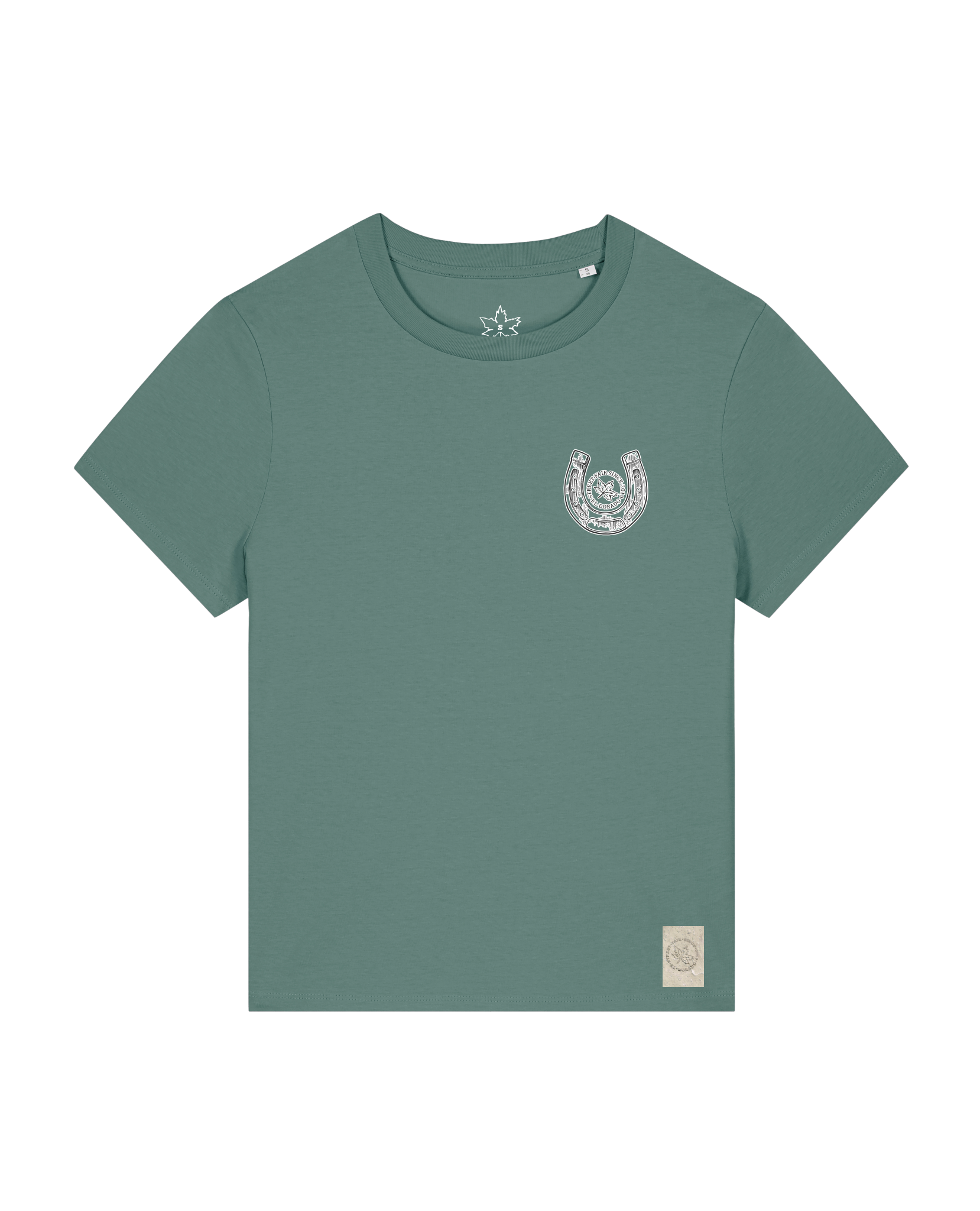 bio-female-medium fit-tshirt-pferd (backprint)-sttw172-blautanne-front