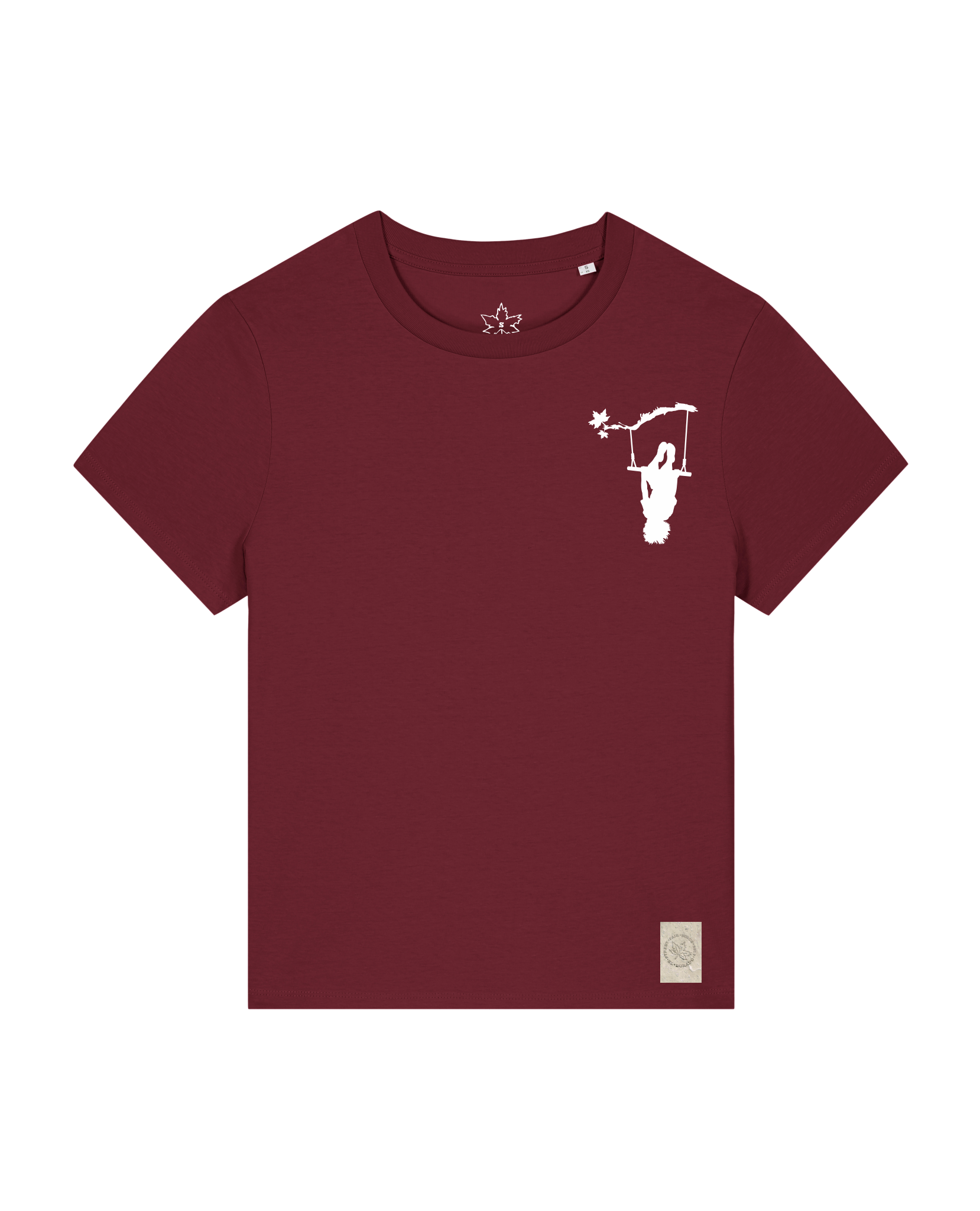 bio-female-medium fit-tshirt-schaukeln (backprint)-sttw172-burgunder rot-front