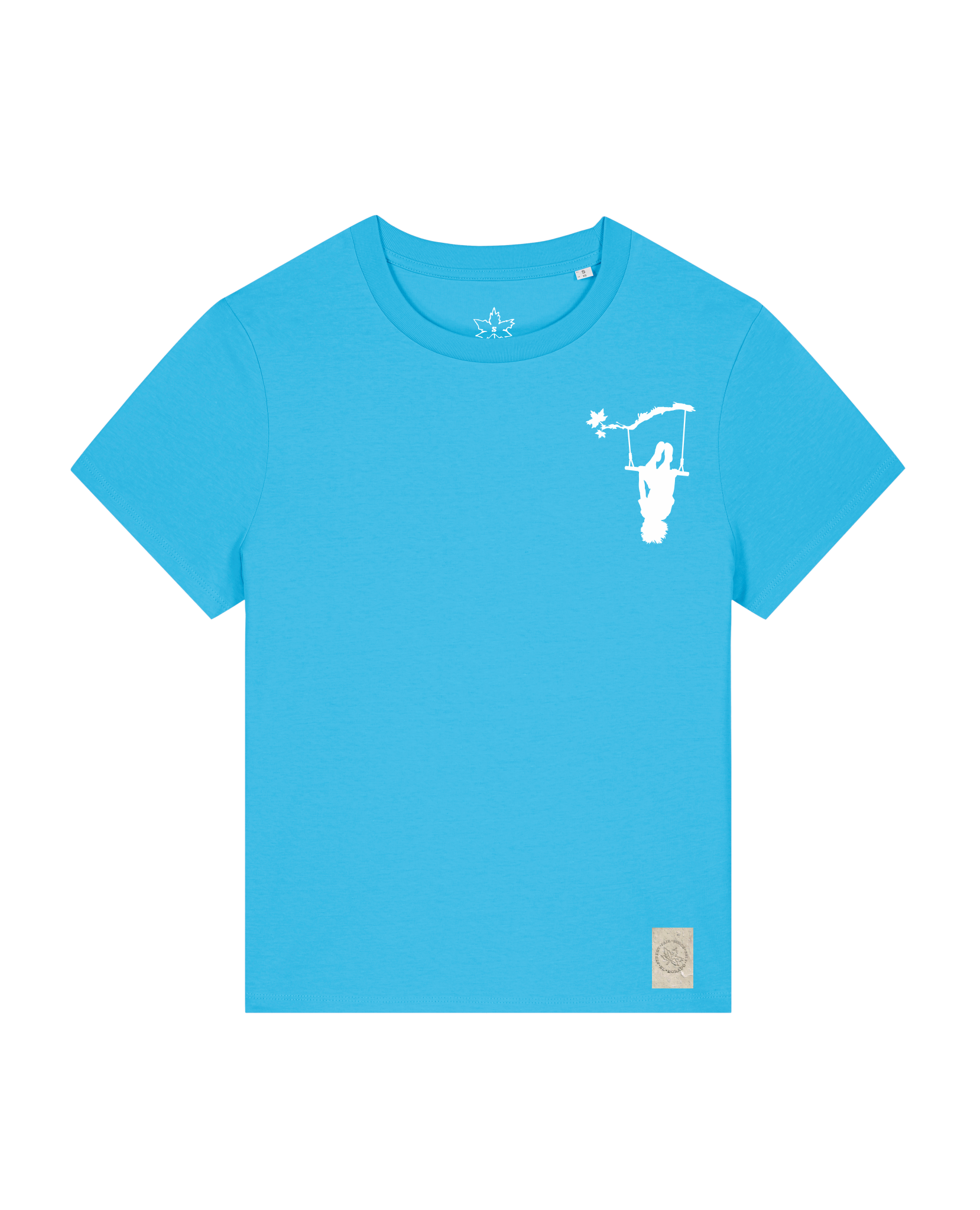 bio-female-medium fit-tshirt-schaukeln (backprint)-sttw172-wasserblau-front