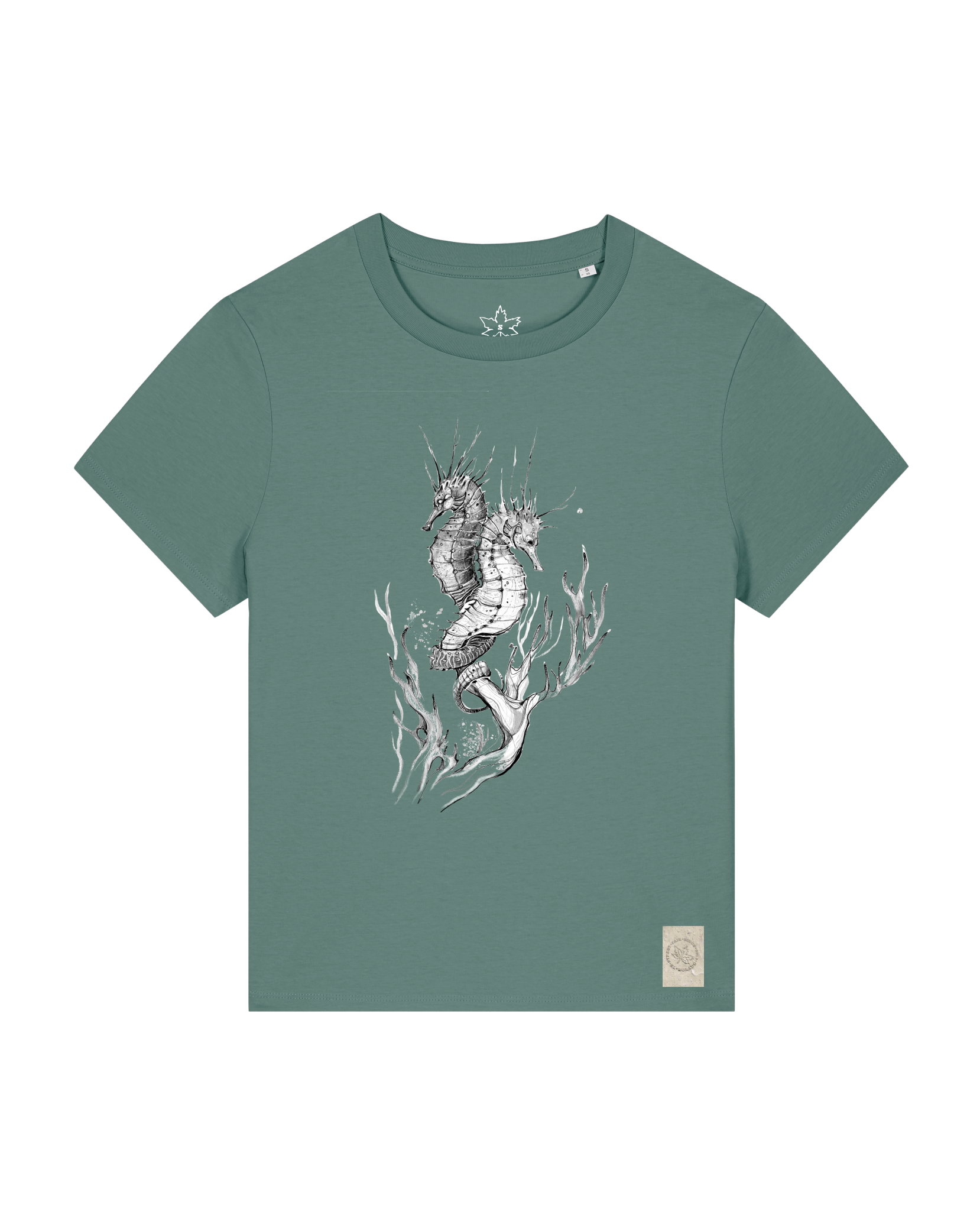 bio-female-medium fit-tshirt-seepferdchen-sttw172-blautanne-front