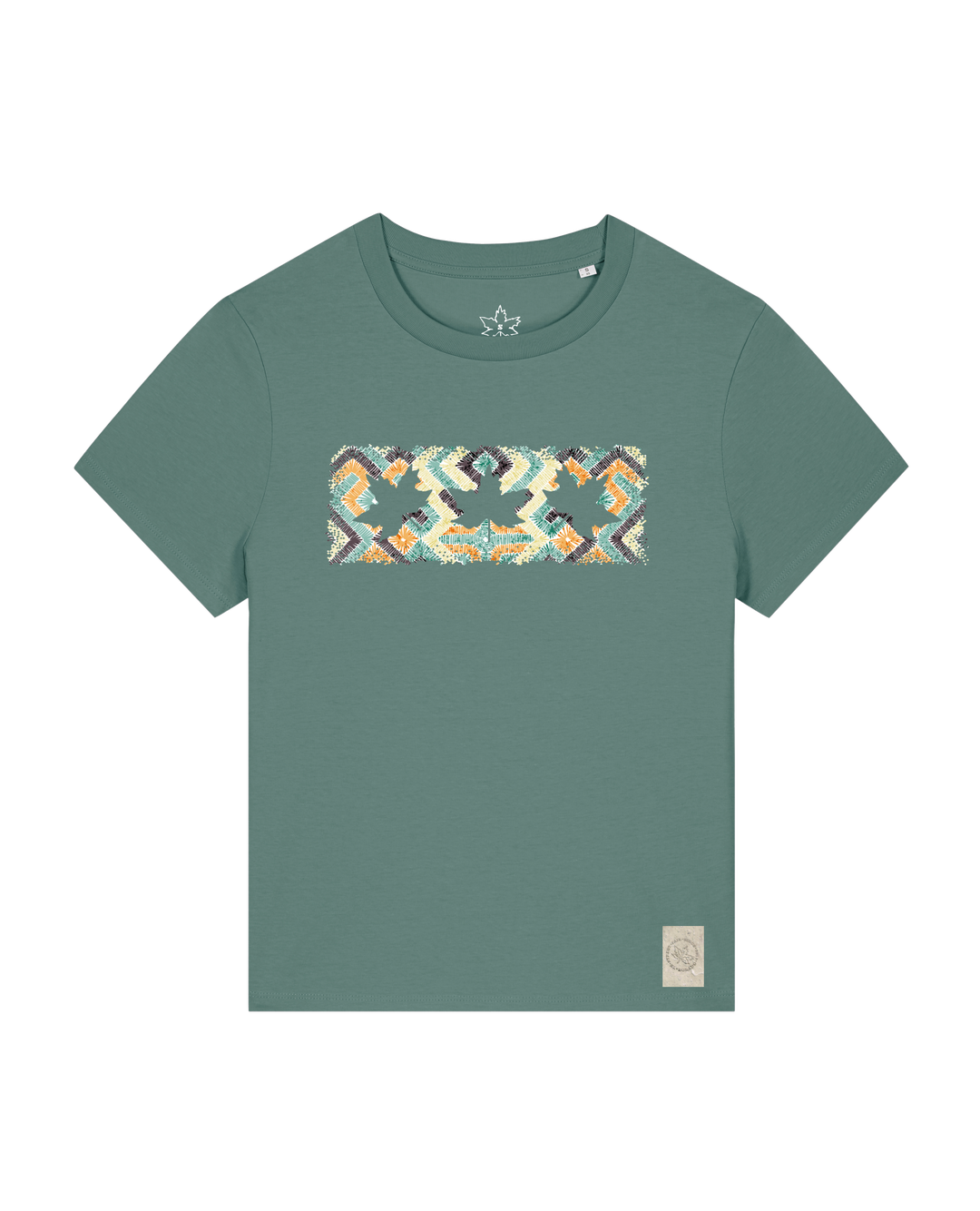 bio-female-medium fit-tshirt-three leaves 01-sttw172-blautanne-front