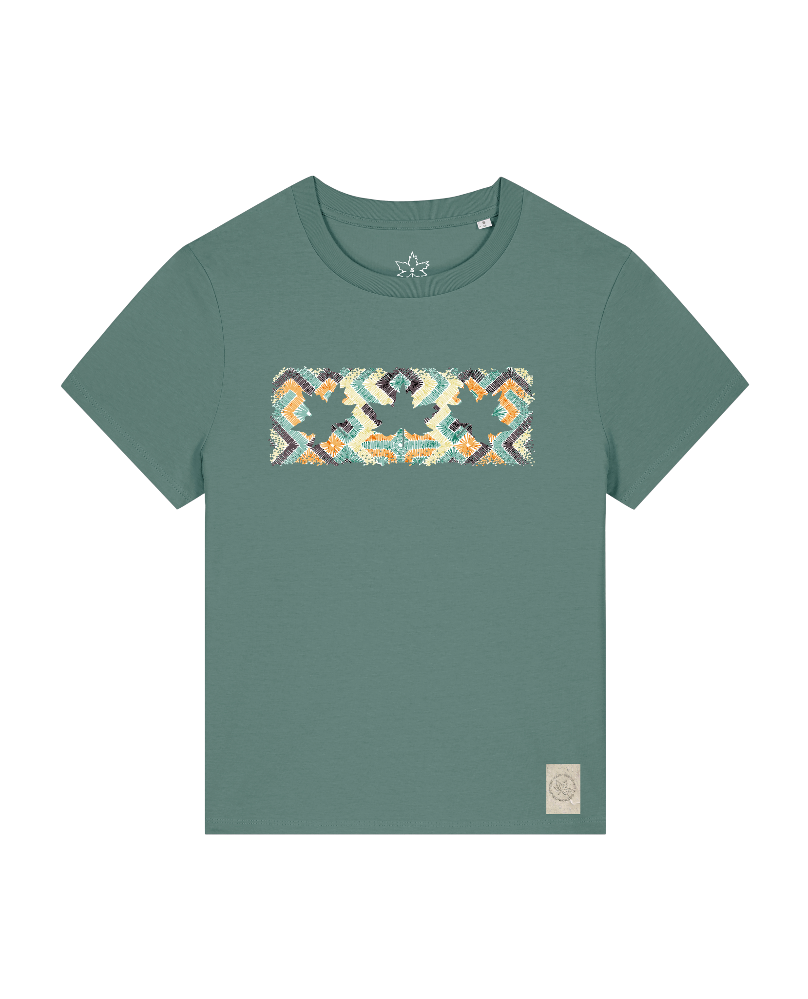 bio-female-medium fit-tshirt-three leaves 01-sttw172-blautanne-front