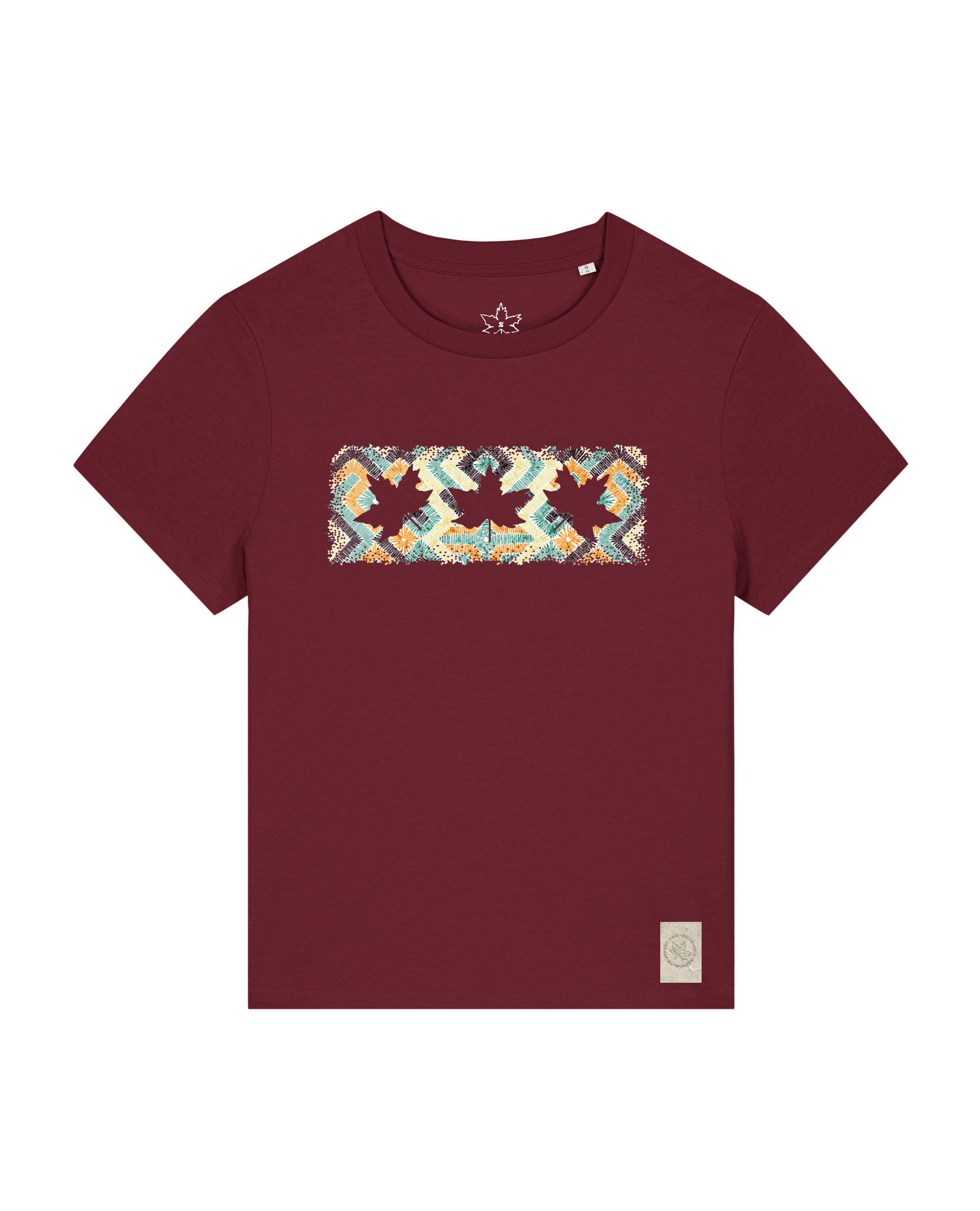 bio-female-medium fit-tshirt-three leaves 01-sttw172-burgunder rot-front