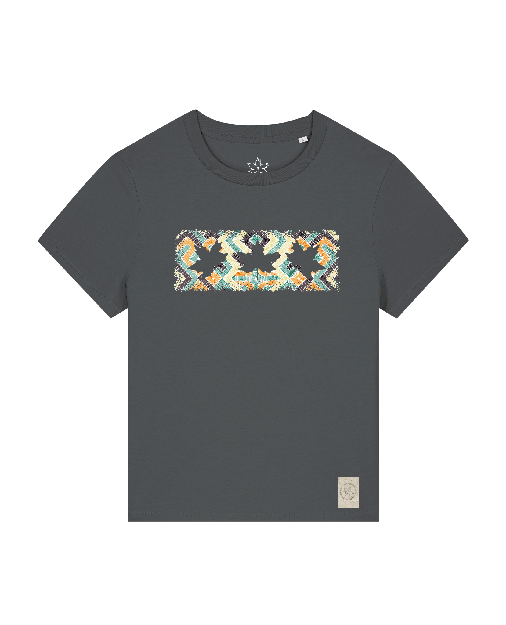 bio-female-medium fit-tshirt-three leaves 01-sttw172-eisen-front