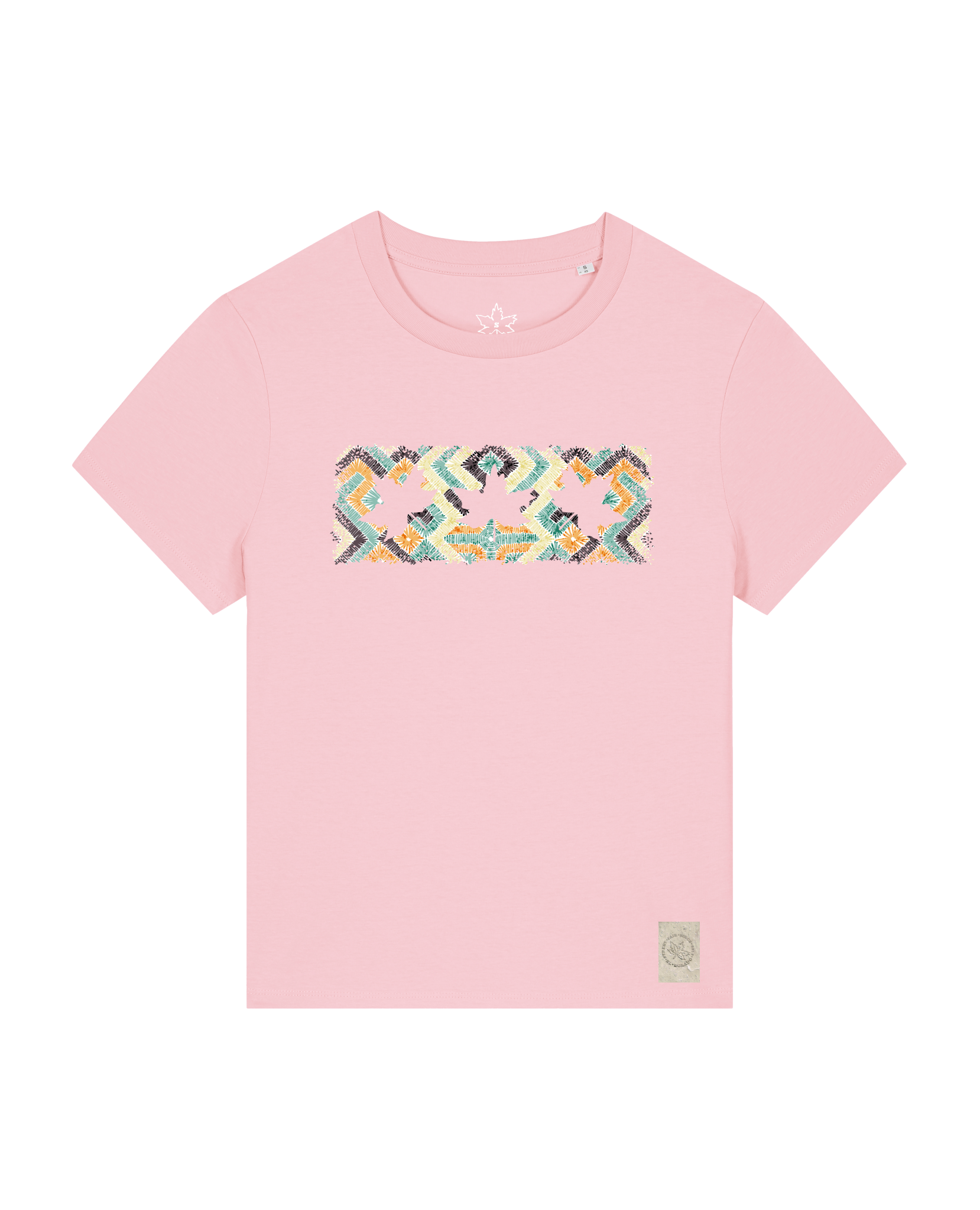 bio-female-medium fit-tshirt-three leaves 01-sttw172-flamingo-front