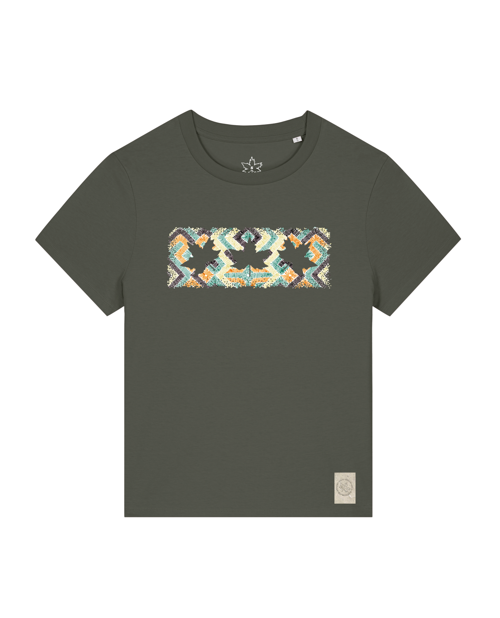 bio-female-medium fit-tshirt-three leaves 01-sttw172-grunkohl-front